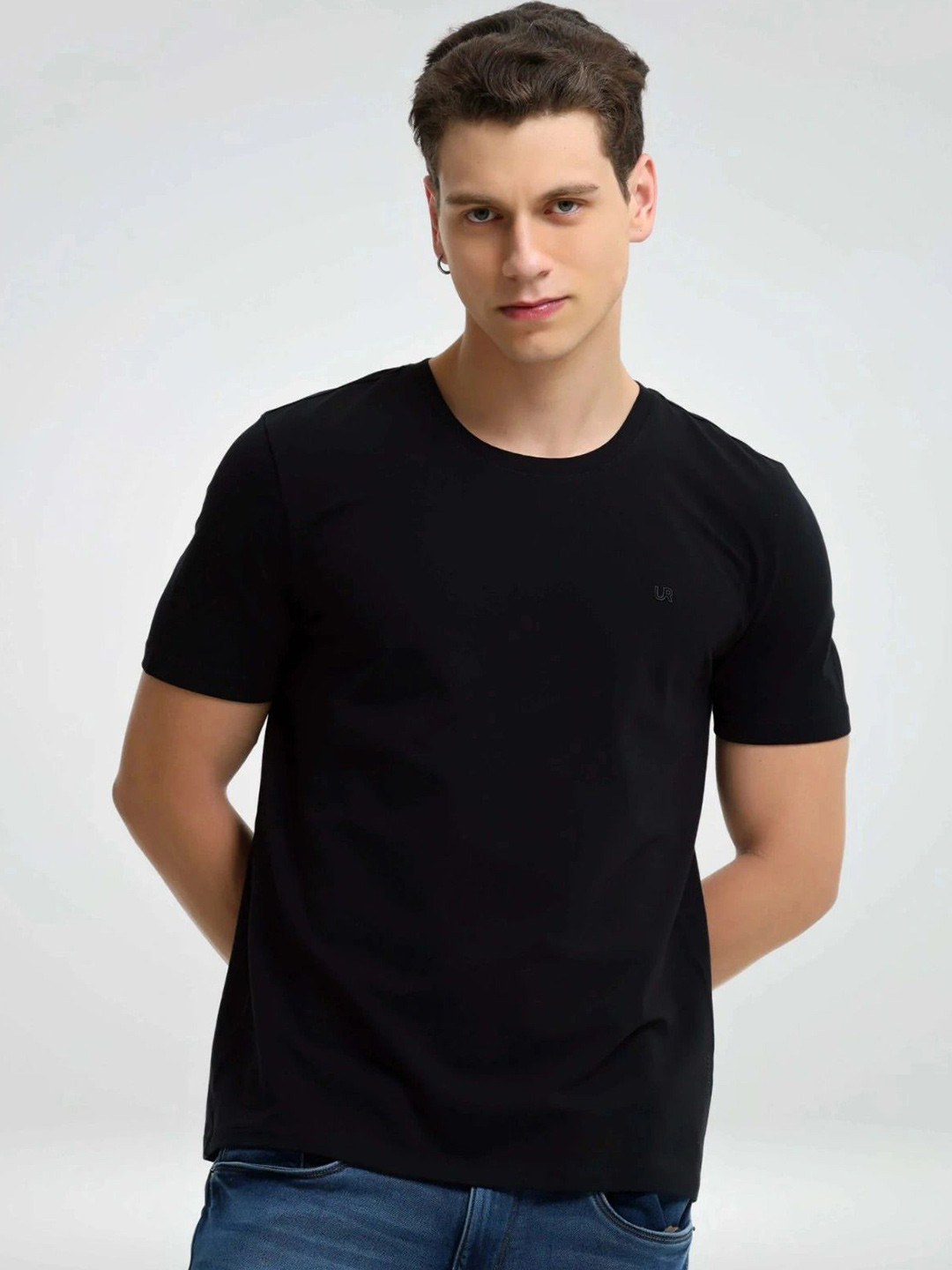 TURMS Men Solid Crew Neck Half Sleeves Stain And Water Repellent Cotton Tshirt