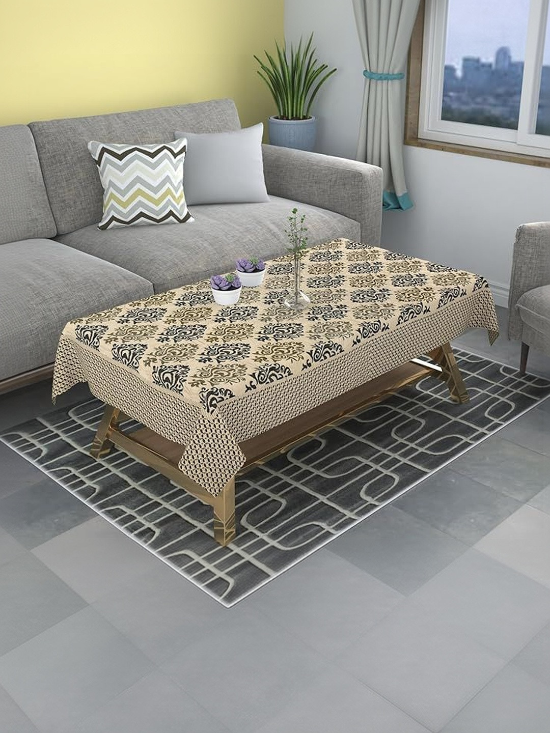 Furnishing Hut Grey Floral Premium Velvet 4 Seater Center Table Cloth Cover
