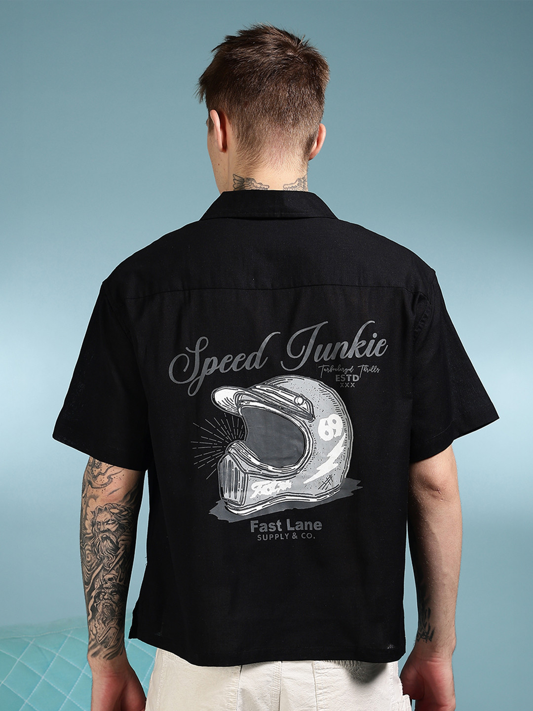 Eszett Speed Junkie Printed Spread Collar Linen Shirt