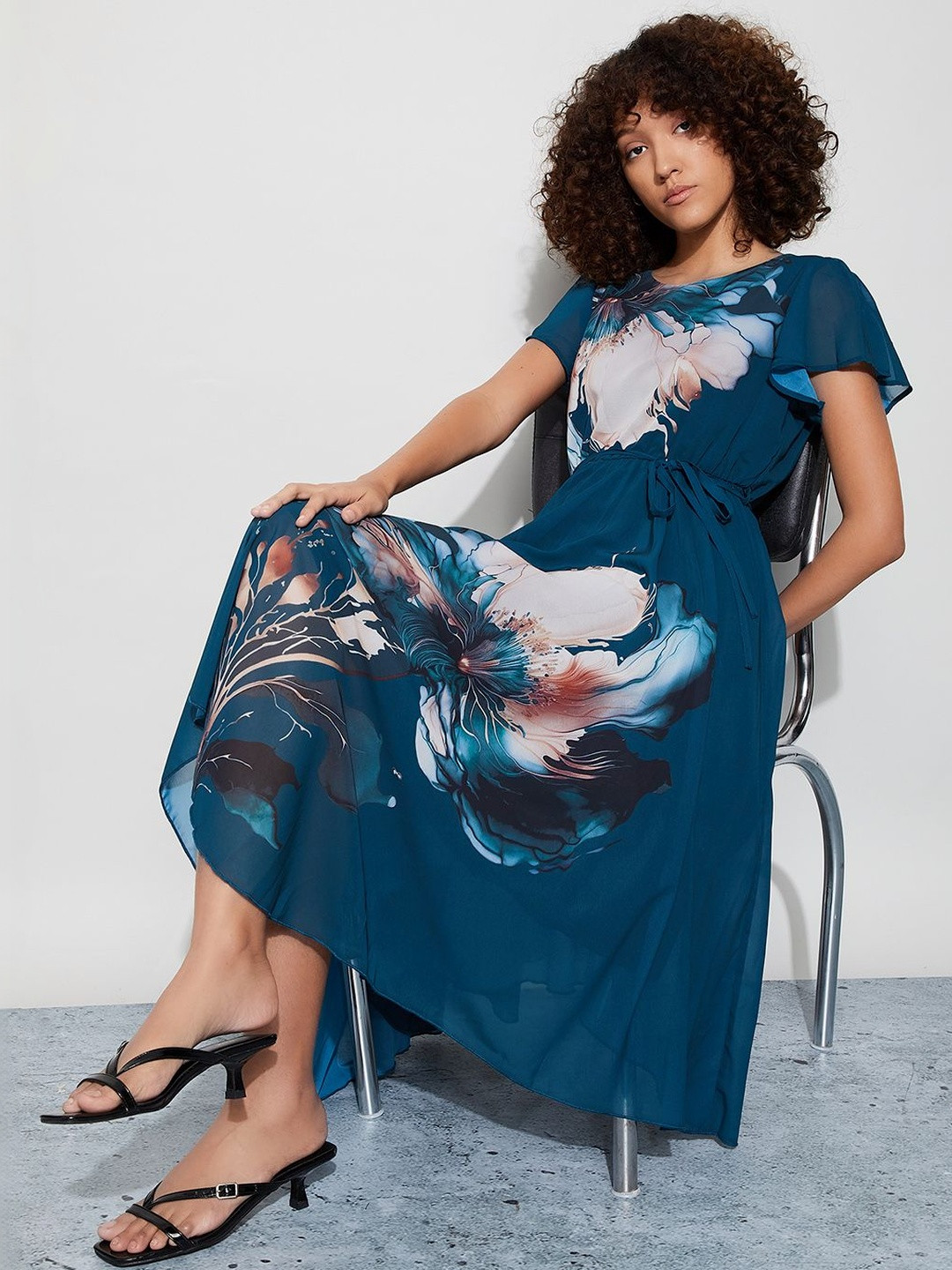CODE by Lifestyle Print Flutter Sleeve A-Line Midi Dress