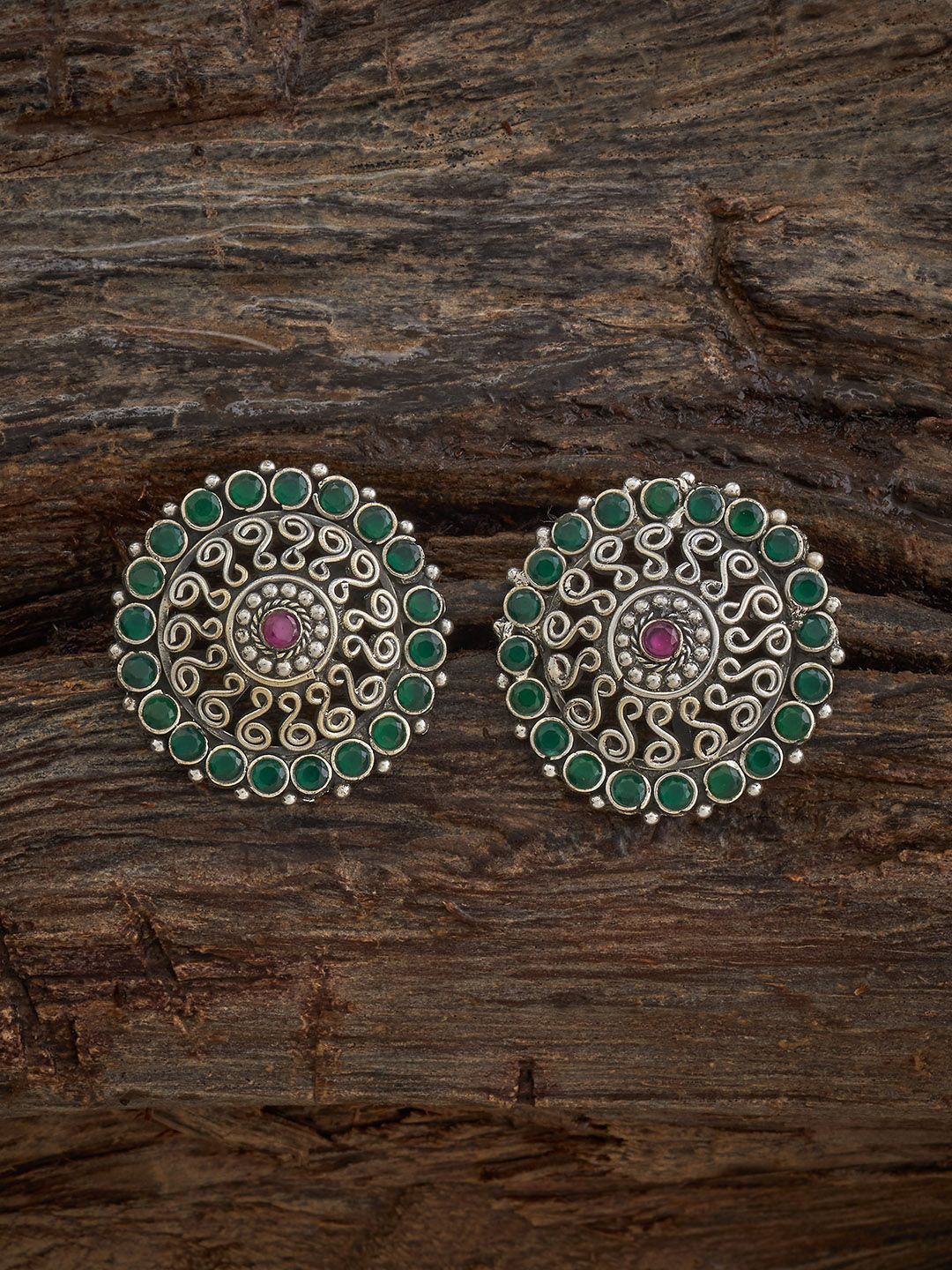 Kushal's Fashion Jewellery Ruby-Green 92.5 Pure Silver-Plated Stone Studded Temple Studs