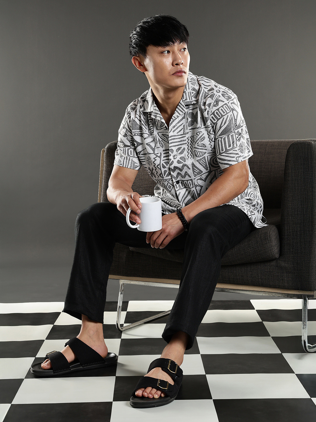 Eszett Chalk Abstract Printed Cuban Collar Pure Cotton Shirt