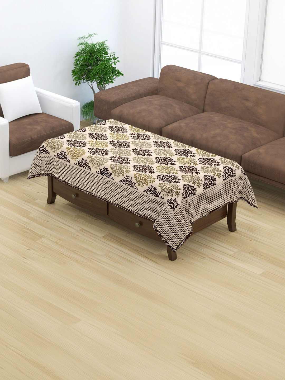 Furnishing Hut Brown Ethnic Motifs Premium Velvet 4 Seater Center Table Cloth Cover