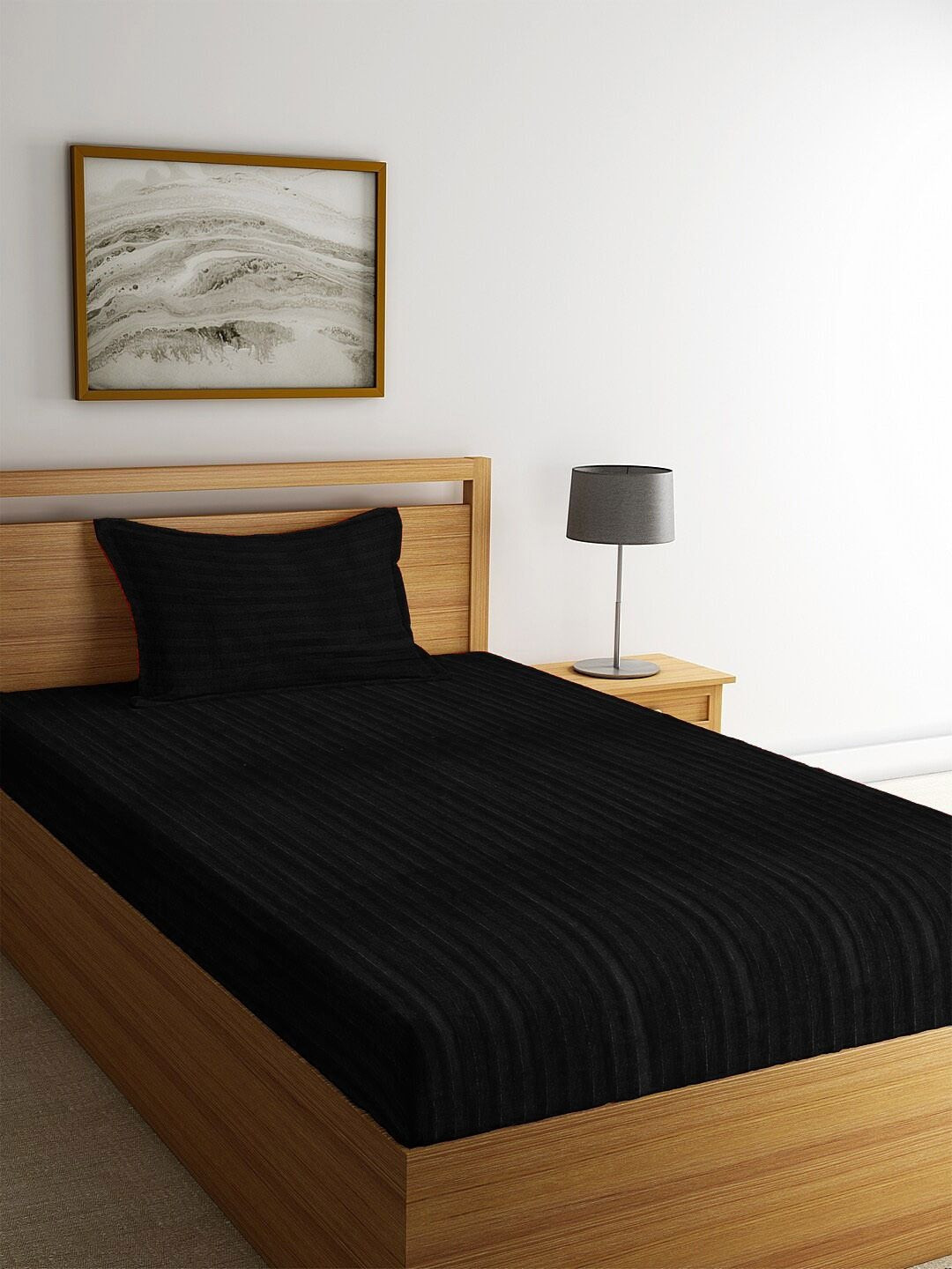 WEAVE AND DECOR Black Striped 300 TC Single Bedsheet with 1 Pillow Covers