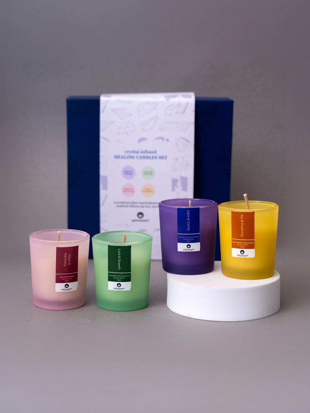 gabrunaari Crystal Aura Set Of 4 Healing Crystal-Infused Glass Soy Wax Jar Candles