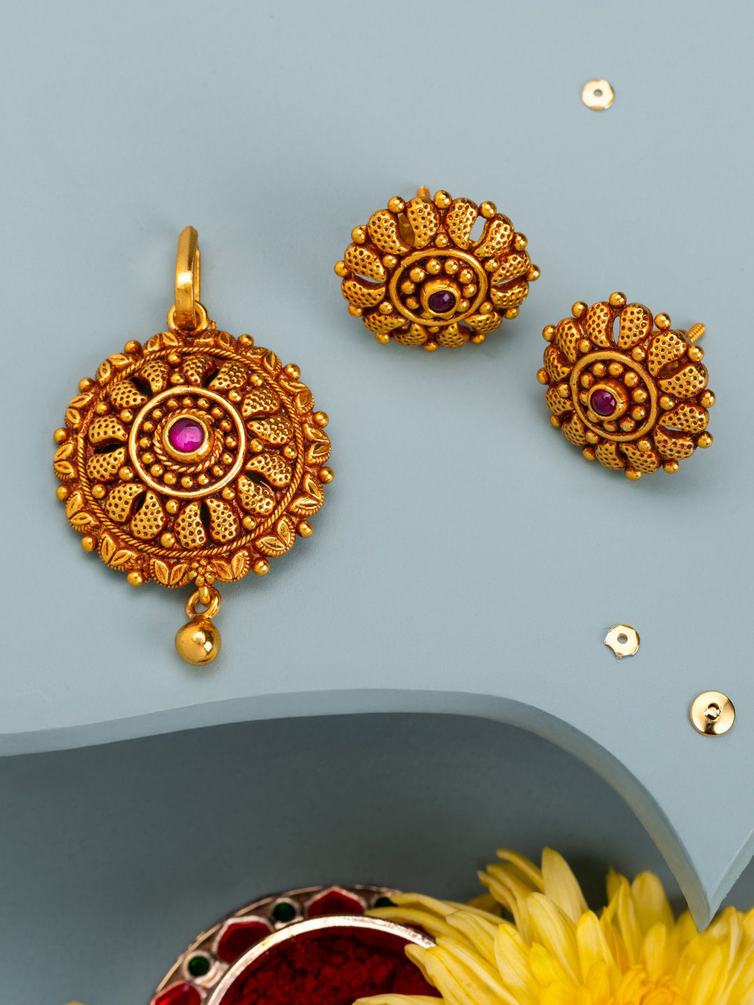 Kushal's Fashion Jewellery Ruby Gold-Plated Ethnic 92.5 Pure Silver Temple Pendant Set