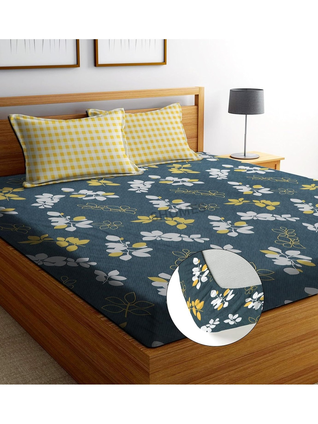 SHOMES Navy Blue & Grey Floral 220 TC King Bedsheet with 2 Pillow Covers