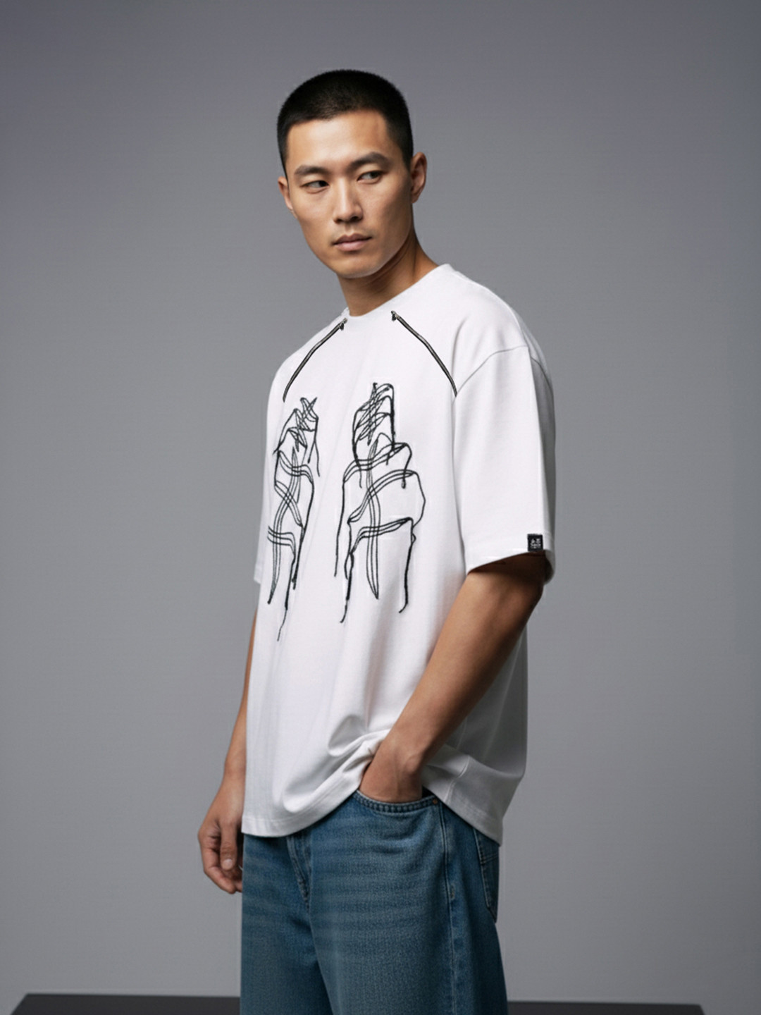 SOKO STREET Abstract  Embroidered Drop-Shoulder Sleeves Pure Cotton Relaxed Fit T-shirt