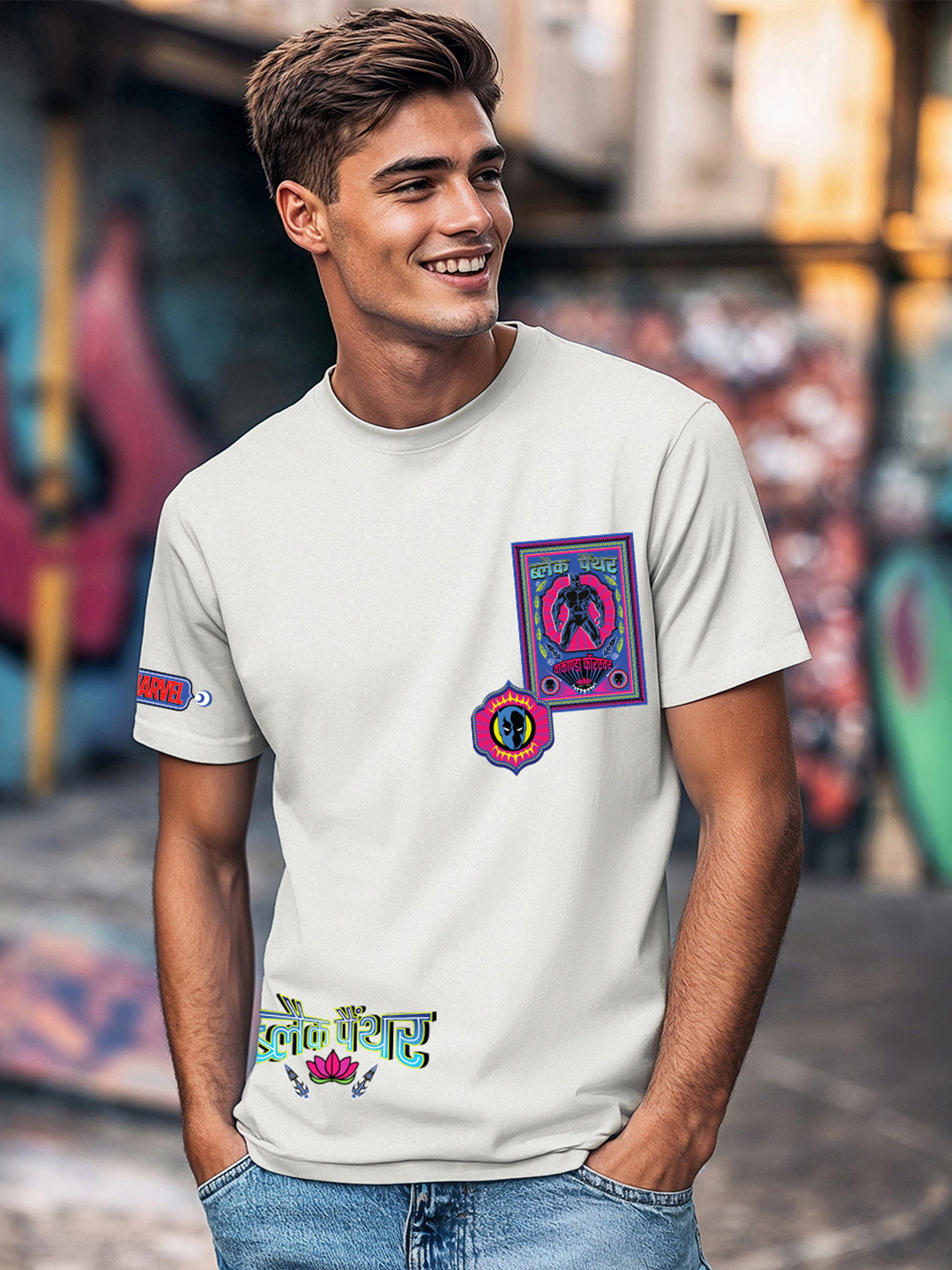 Bewakoof Official Marvel Merchandise Black Panther Men's Grey Panther Truck Graphic Printed T-shirt