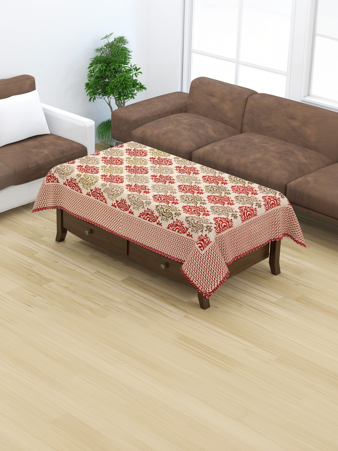 Furnishing Hut Red Floral Velvet 4 Seater Center Table Cover