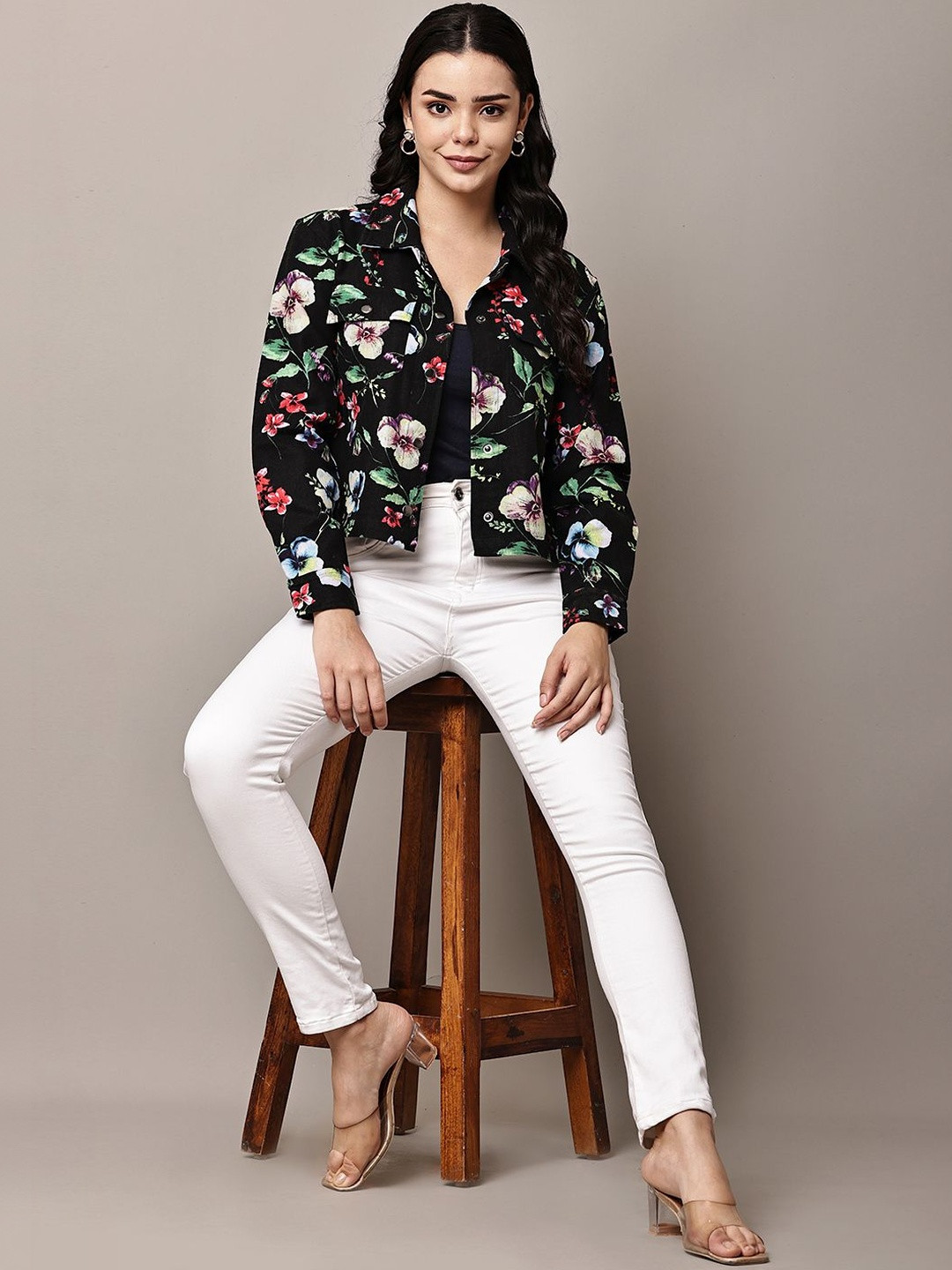 BEGUMPAN Women Floral Lightweight Crop Denim Jacket with Patchwork