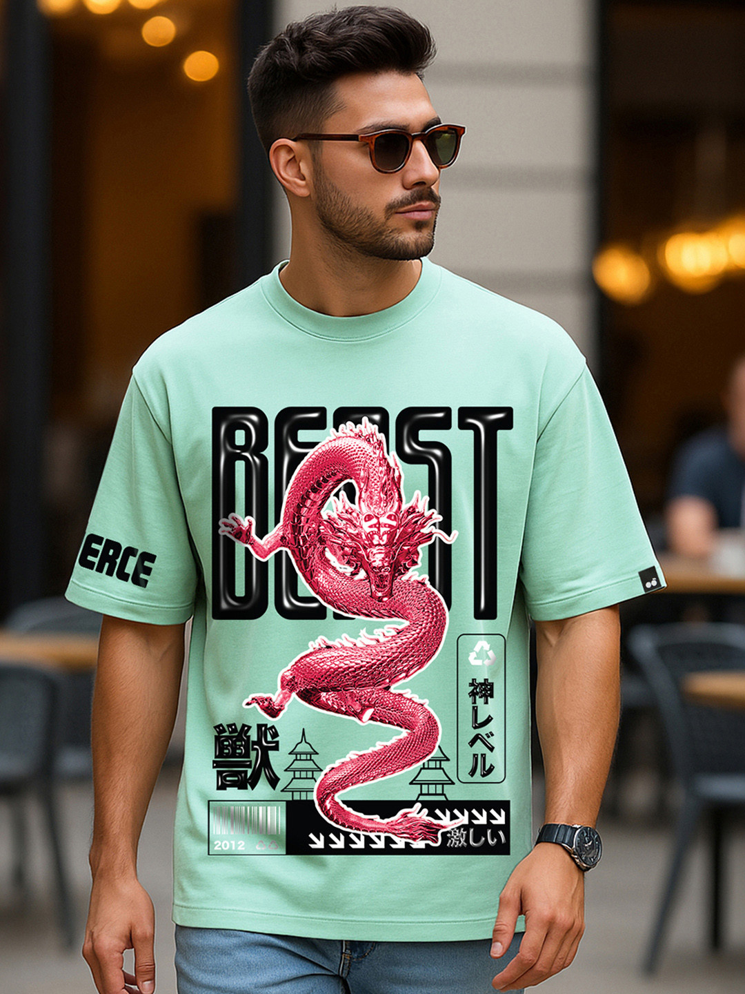 Bewakoof Men's Granite Green Fierce Beast Graphic Printed Oversized T-shirt