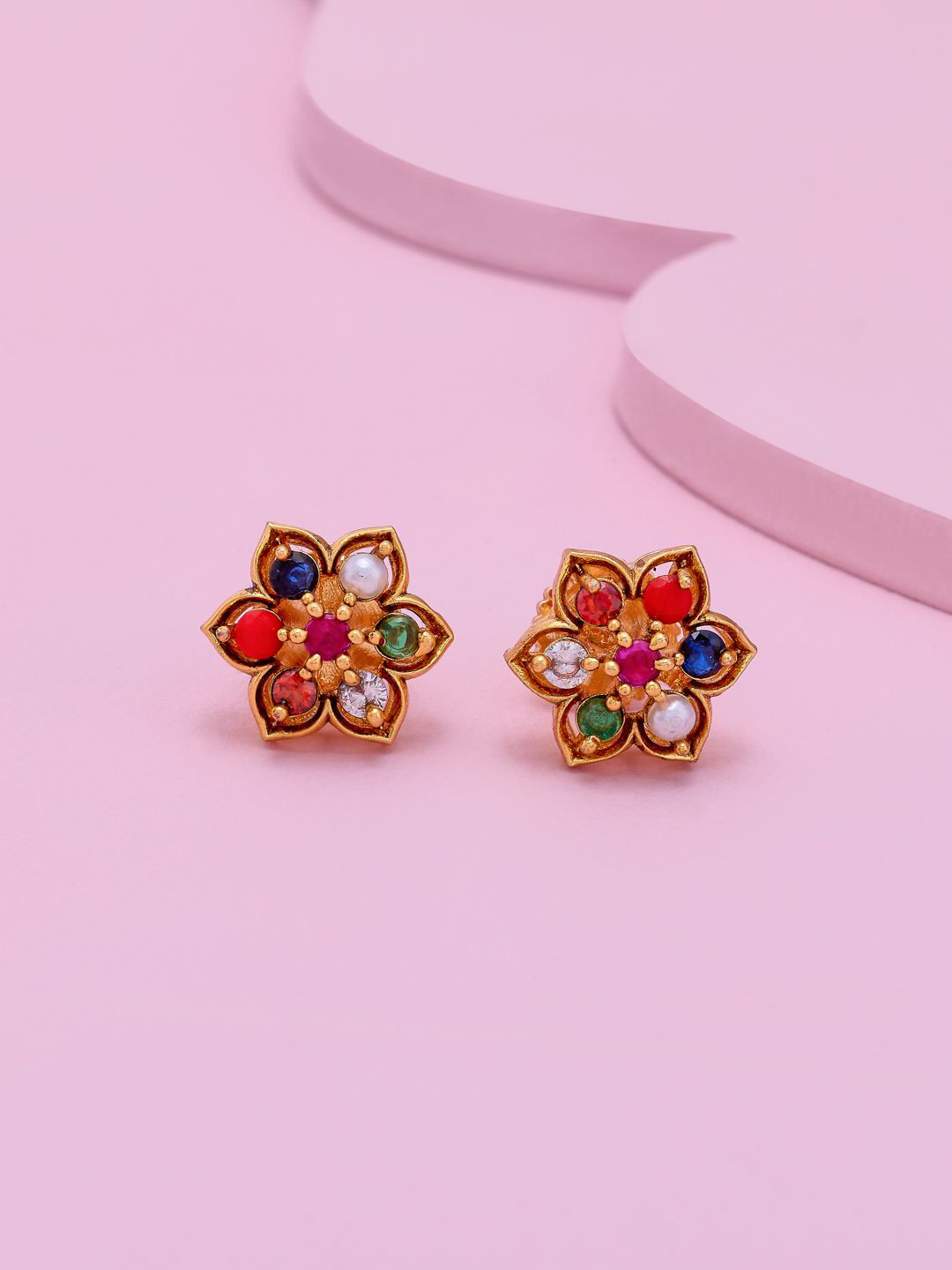 Kushal's Fashion Jewellery Gold-Plated Navaratna Stones Studded & Beaded Antique Studs