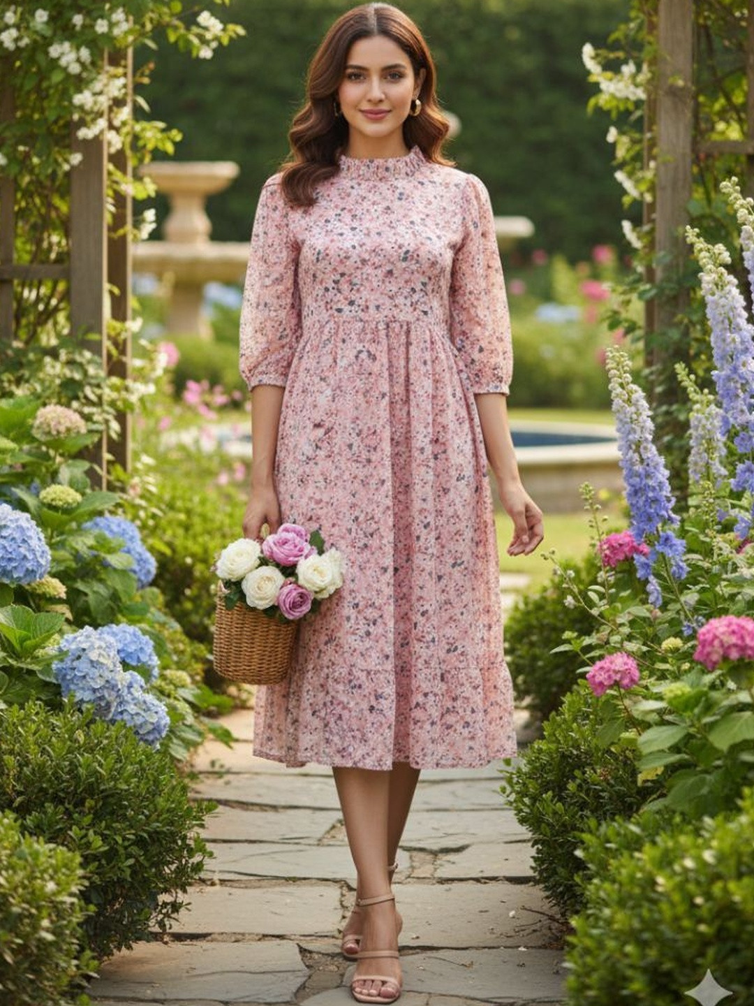 Santati Floral Print Puff Sleeve Georgette A-Line Midi Dress