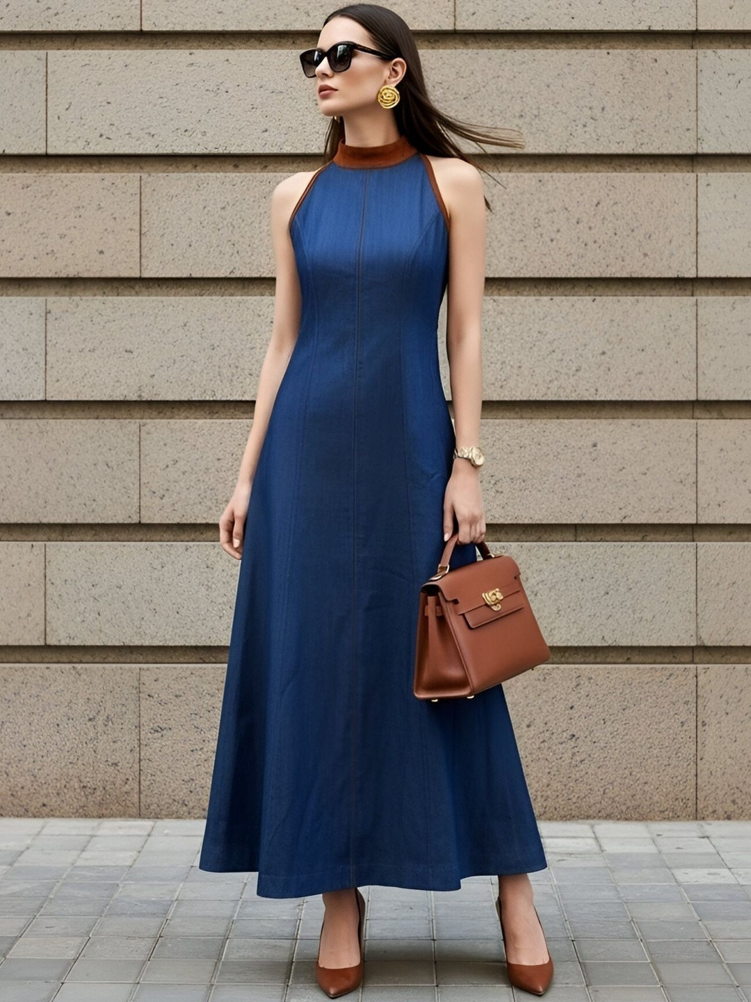 Erazz London Halter Neck Denim A-Line Maxi Dress