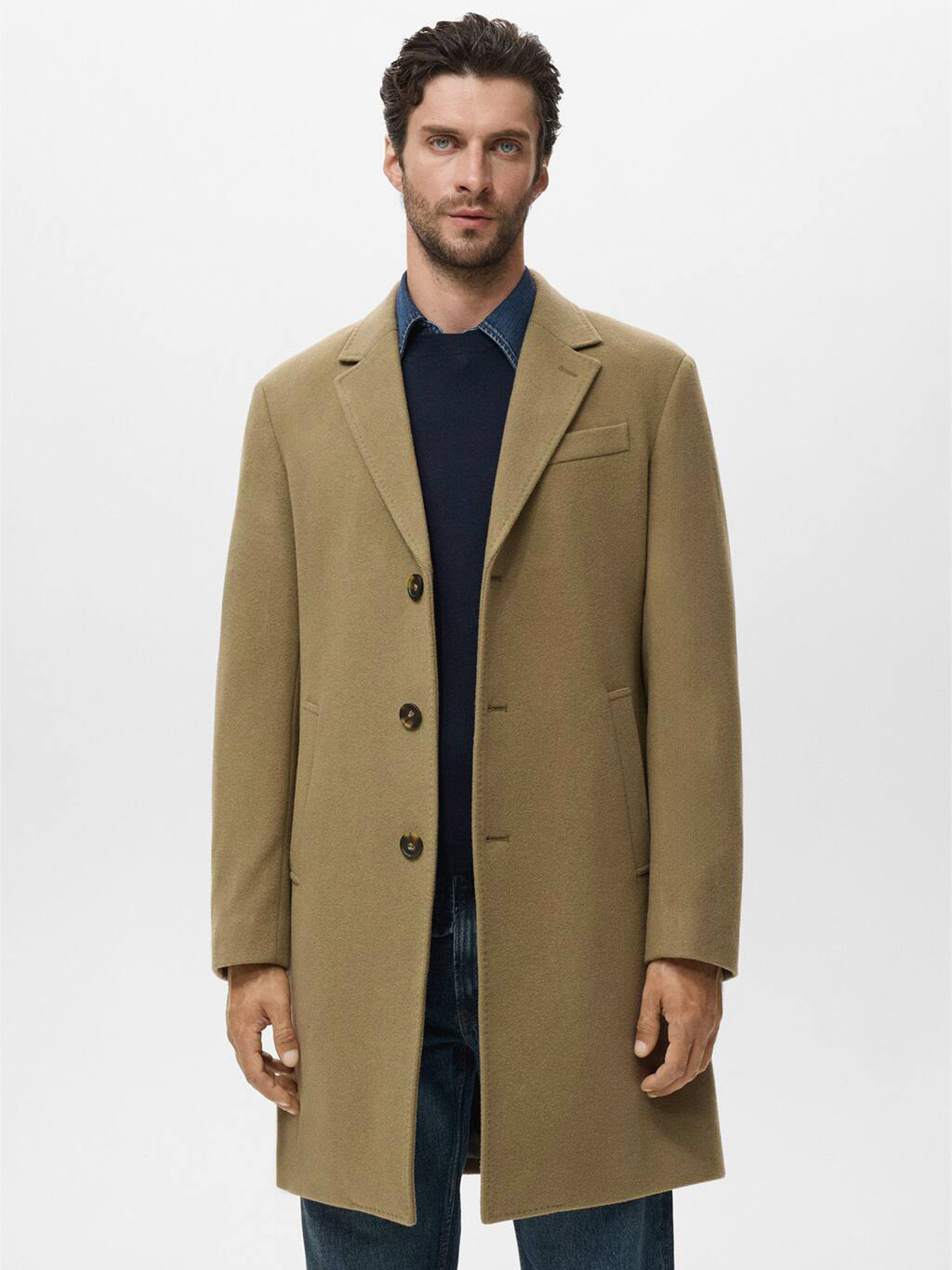 MANGO MAN Notched Lapel Collar Longline Overcoat