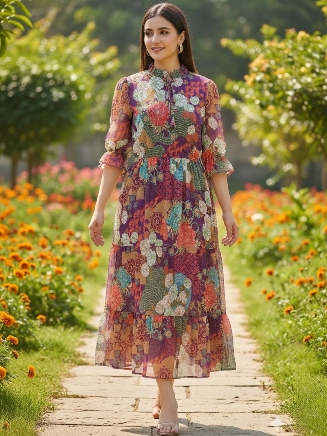Santati Floral Print Puff Sleeve Georgette Fit & Flare Midi Dress