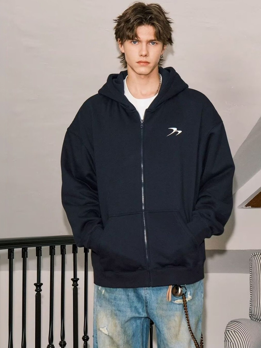 KPOP Men Brand Logo Open Front Jacket