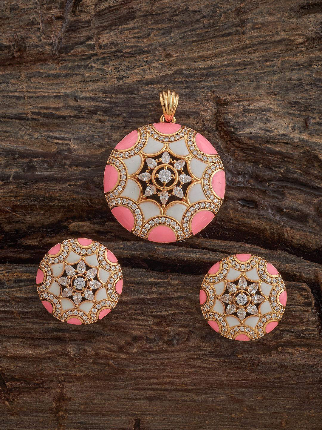 Kushal's Fashion Jewellery Ivory-Pink Gold-Plated Party Zircon Pendant Set