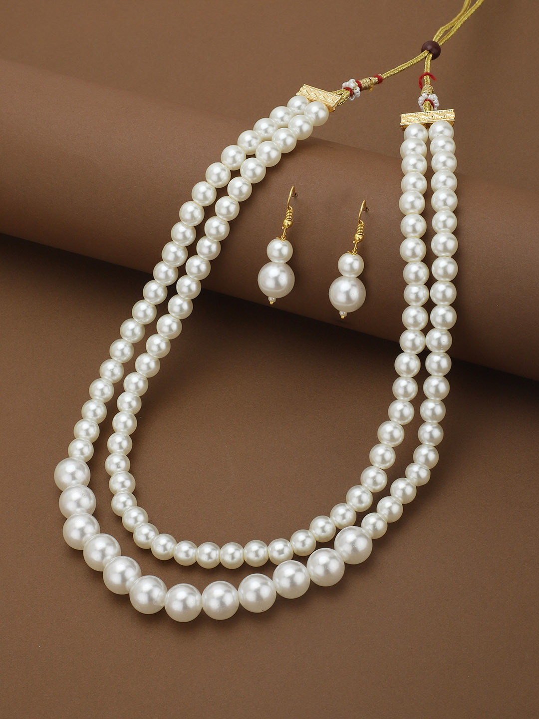 DressBerry Gold Plated Double Layered Pearl Long Necklace with Earring Set