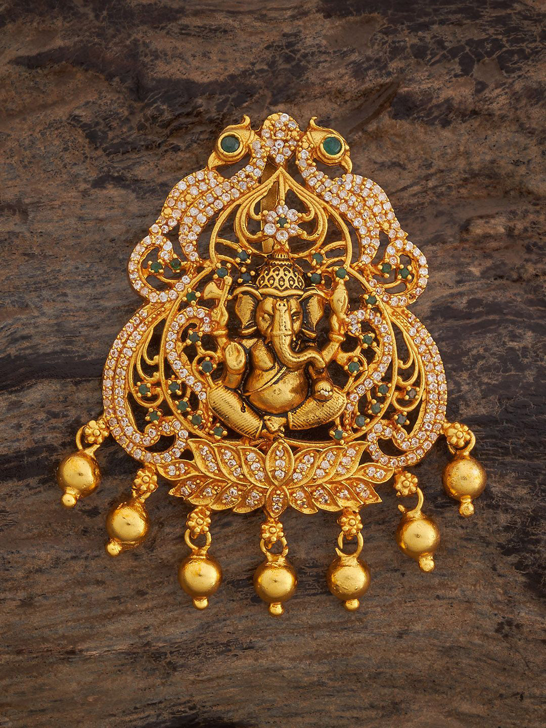 Kushal's Fashion Jewellery 92.5 Pure Silver Gold-Plated Stone Studded Ganesh Pendant