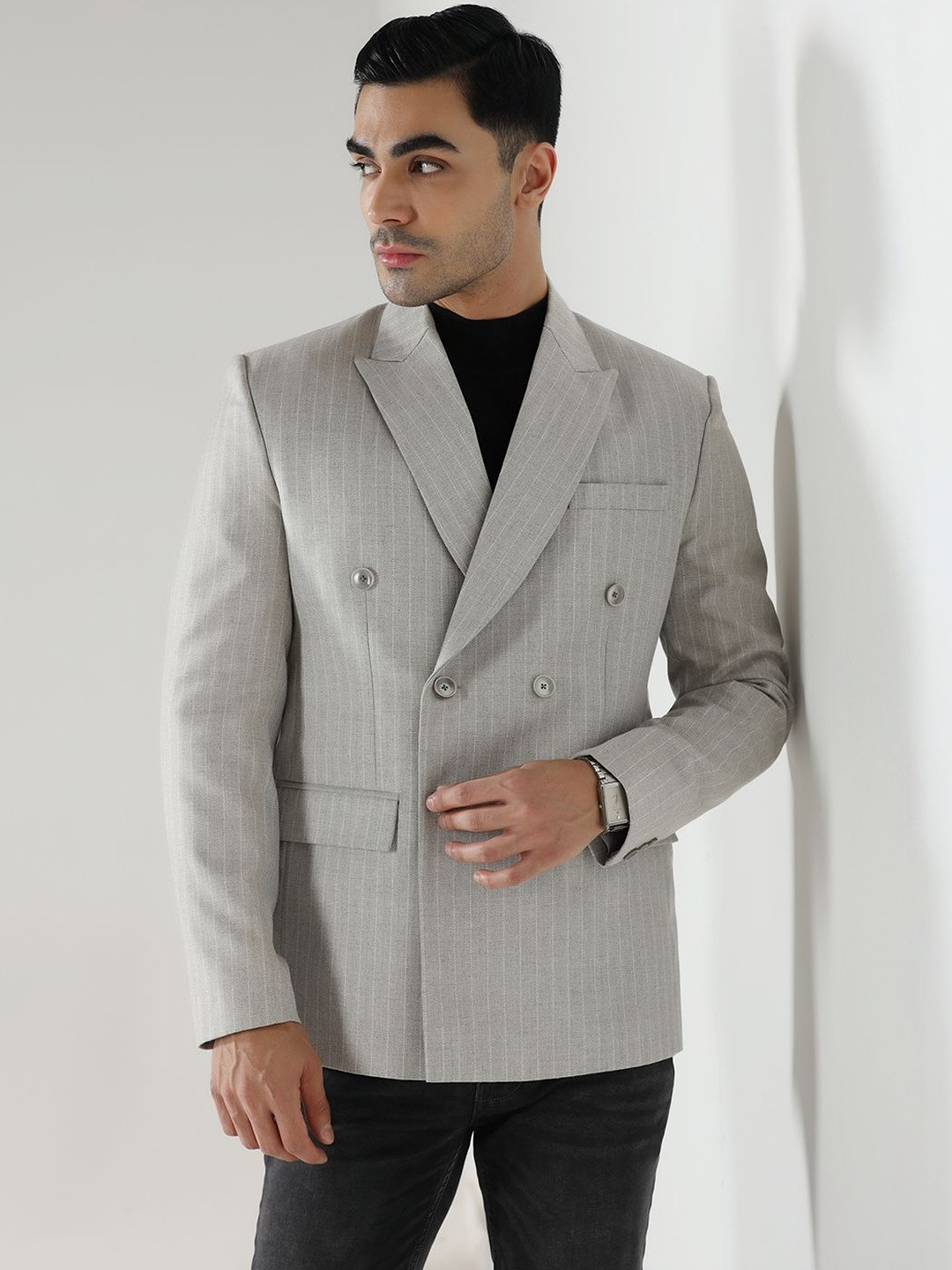 TAHVO Men Notched Lapel Striped Double Breasted Blazer