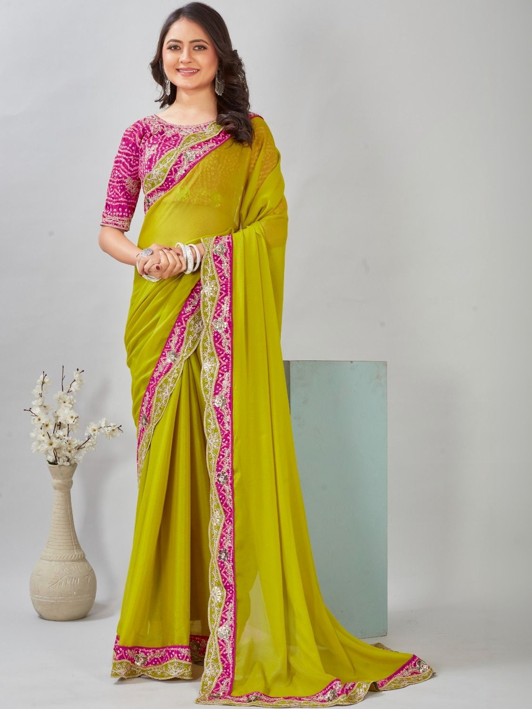Lefankshi fashion Embellished Zari Poly Chiffon Heavy Work Saree