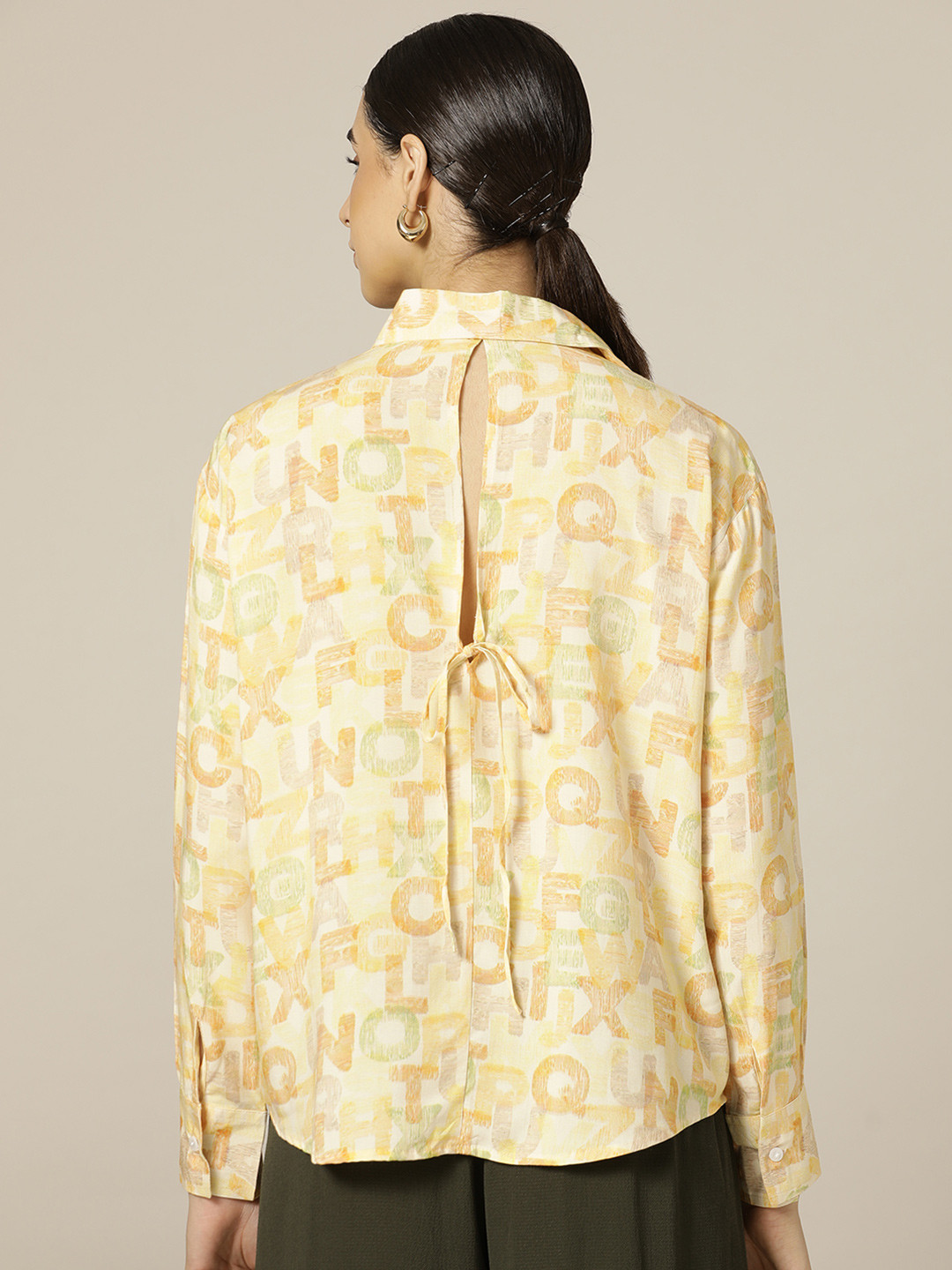 Paper Cut Oversized Spread Collar Back Tie-up Typographic Printed Casual Shirt