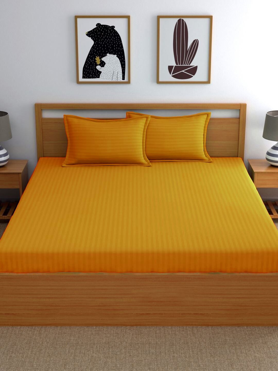 WEAVE AND DECOR Mustard Striped 300 TC Bedsheet with 2 Pillow Covers