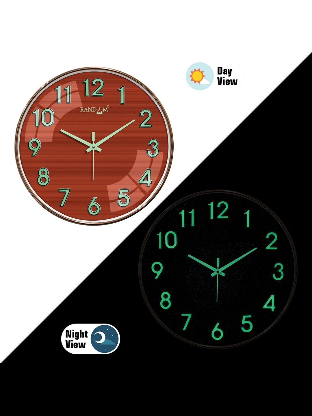 RANDOM 3D Radium Numbers Green Luminous Hands Wall Clock With Sweep Silent Movement