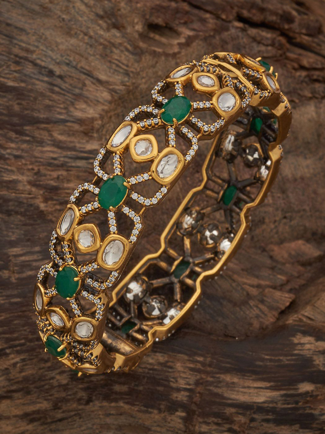 Kushal's Fashion Jewellery Embellished Bridal Green Victorian-Plated Kundan Stone  Bangle