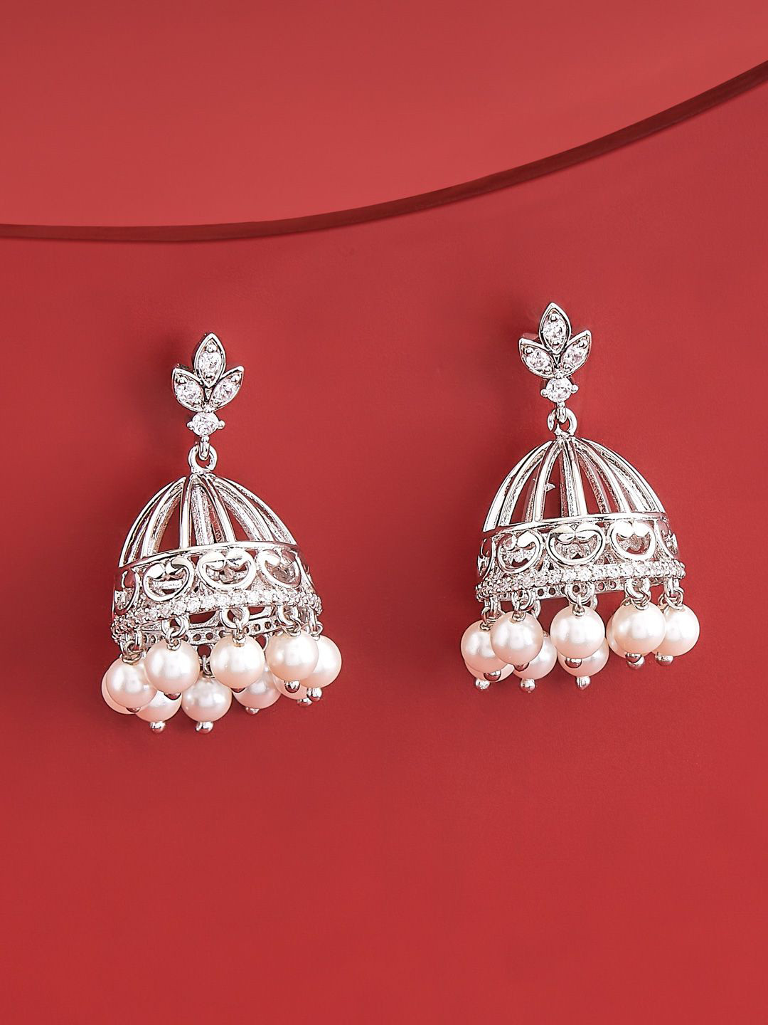 Kushal's Fashion Jewellery Rhodium-Plated Party Zircon Dome Shaped Jhumkas Earrings