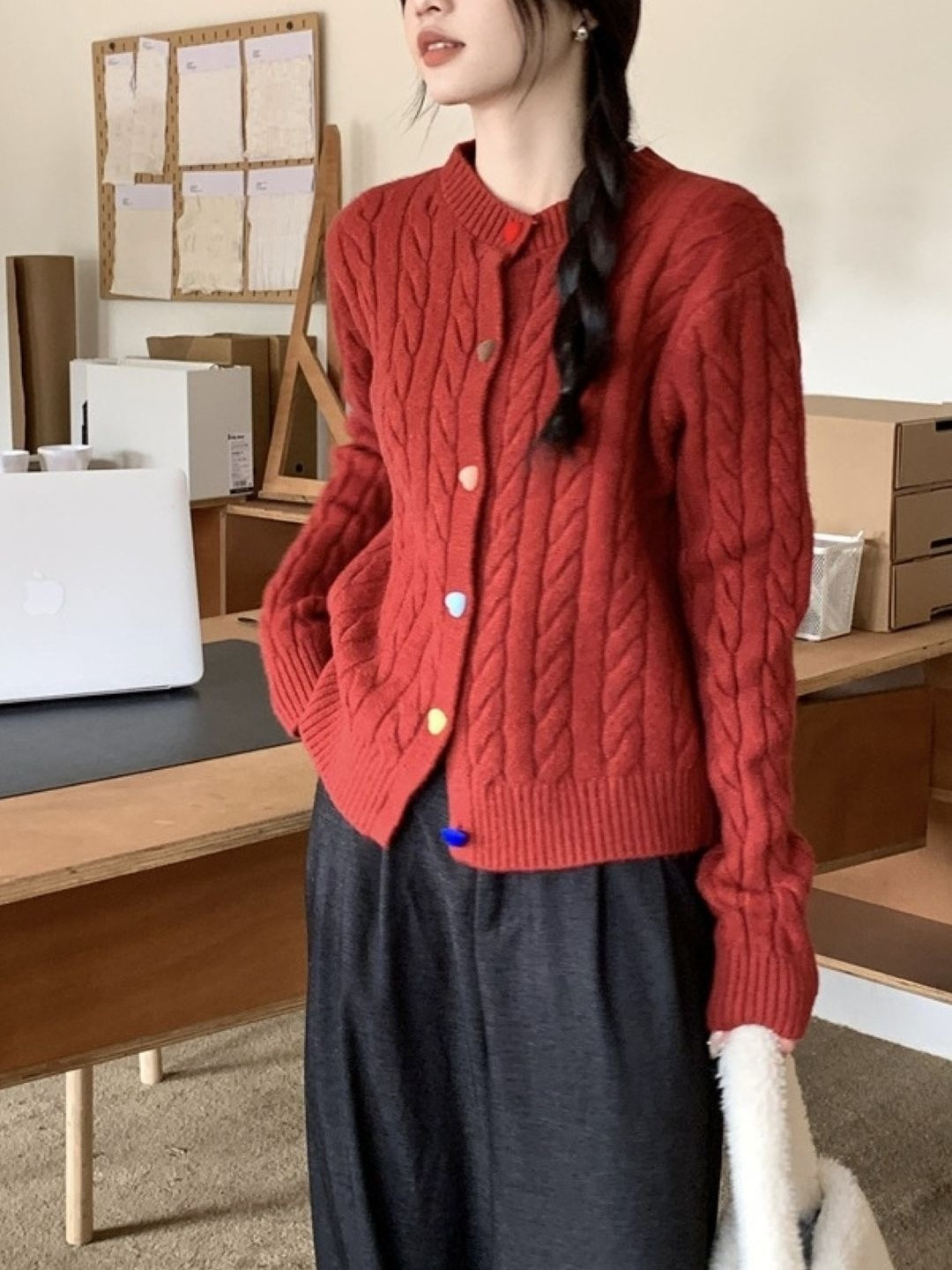 KPOP Women Cable Knit Ribbed Cardigan