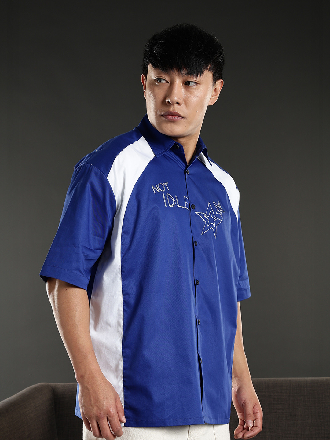 Eszett Not Idle Oversized Colorblocked Cuban Collar Cotton Shirt