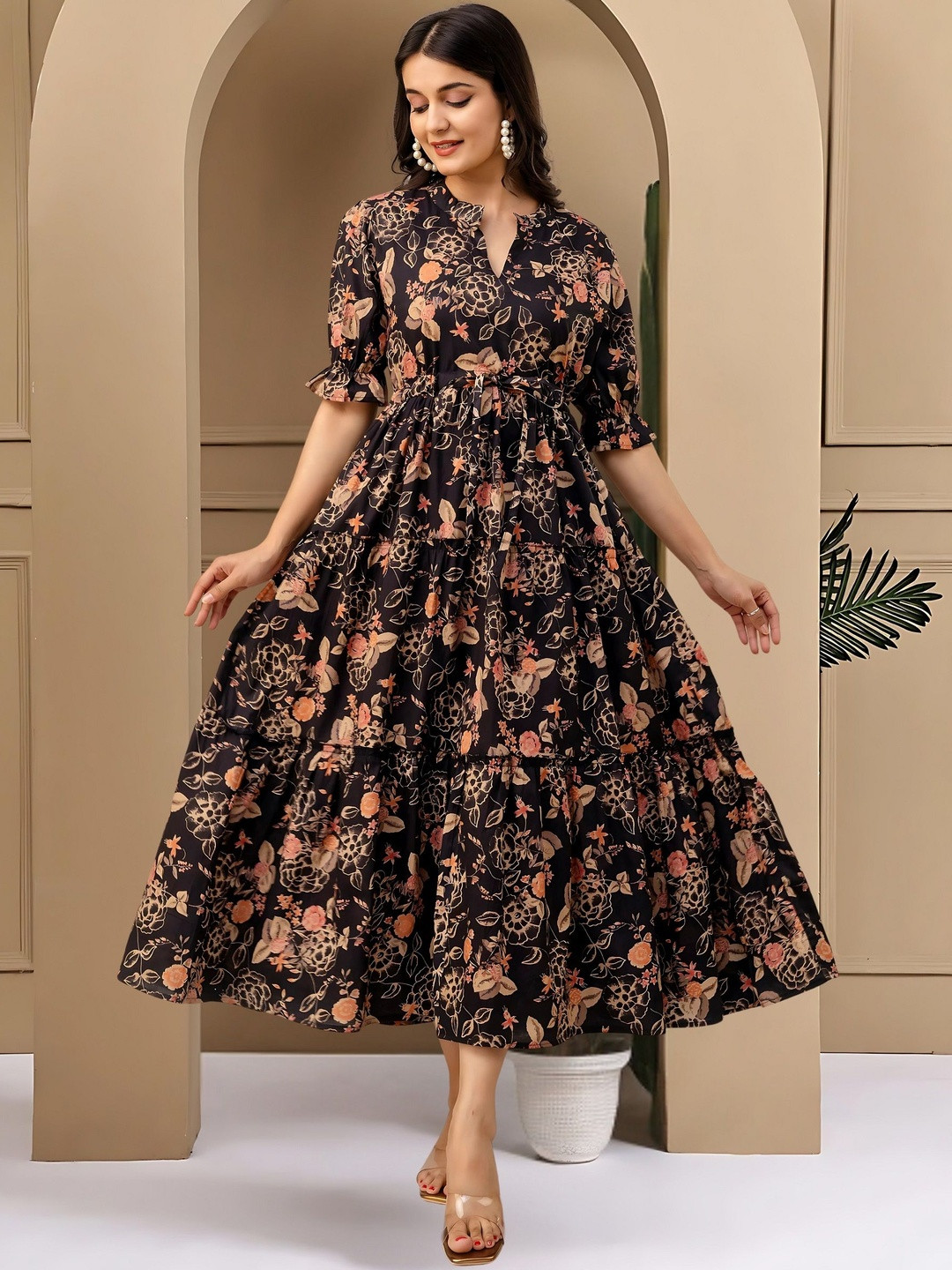 FIXOCRA Floral Print Crepe A-Line Midi Dress