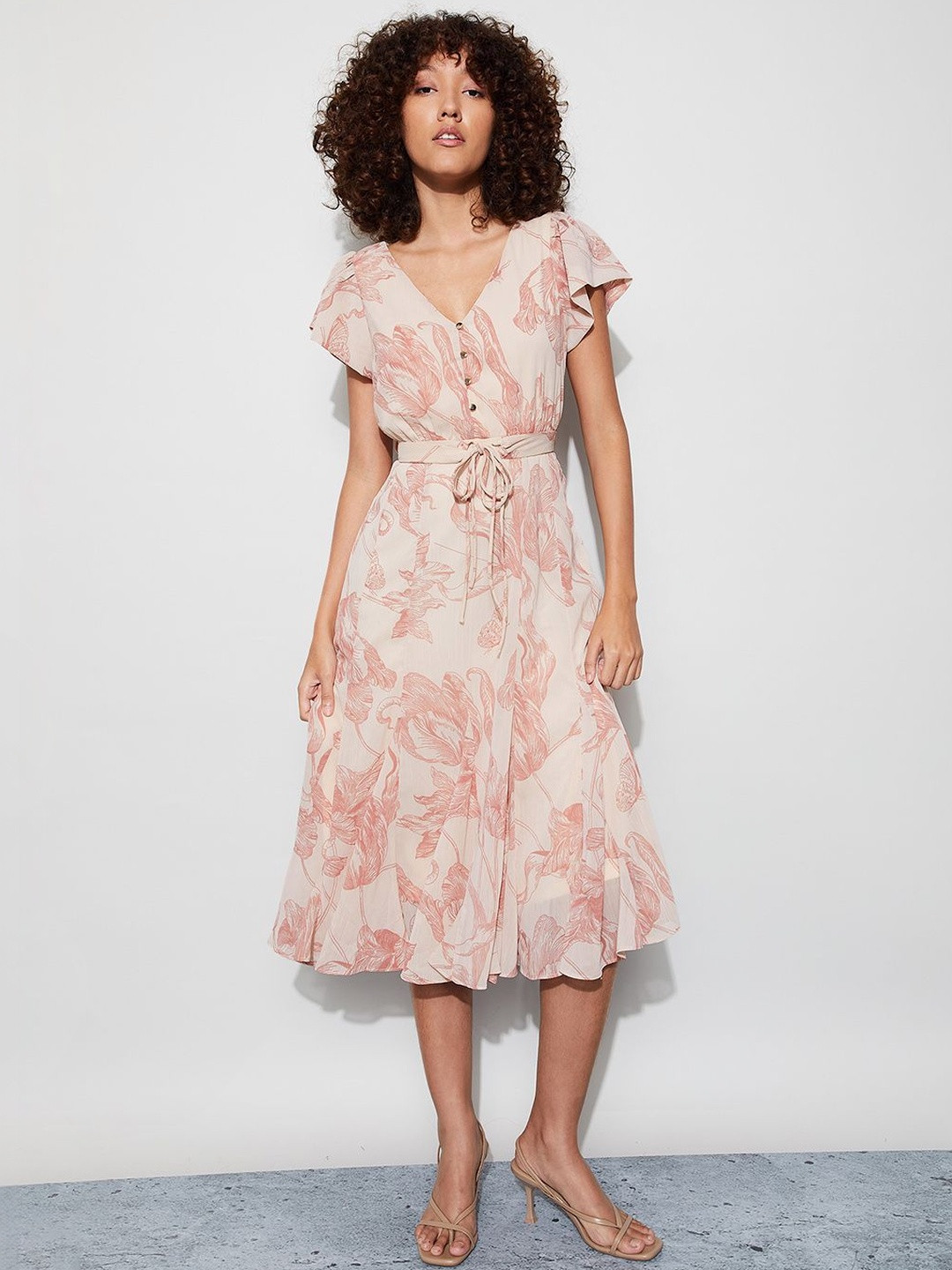 CODE by Lifestyle Floral Print Flutter Sleeve Fit & Flare Midi Dress
