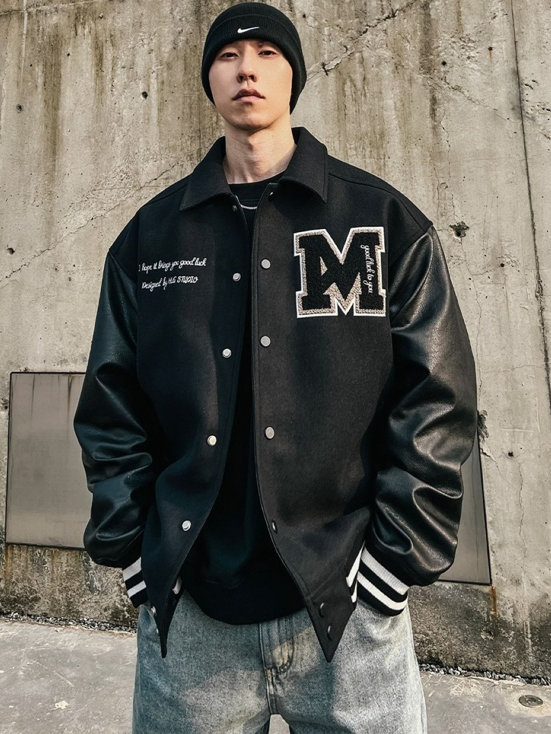 KPOP Men Brand Logo Colourblocked Varsity Jacket with Embroidered