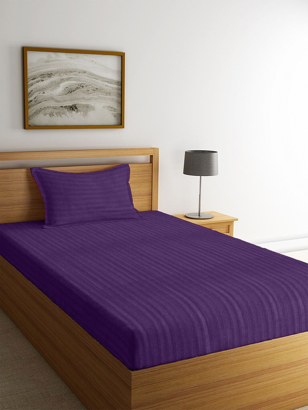 WEAVE AND DECOR Violet Striped 300 TC Single Bedsheet with 1 Pillow Covers