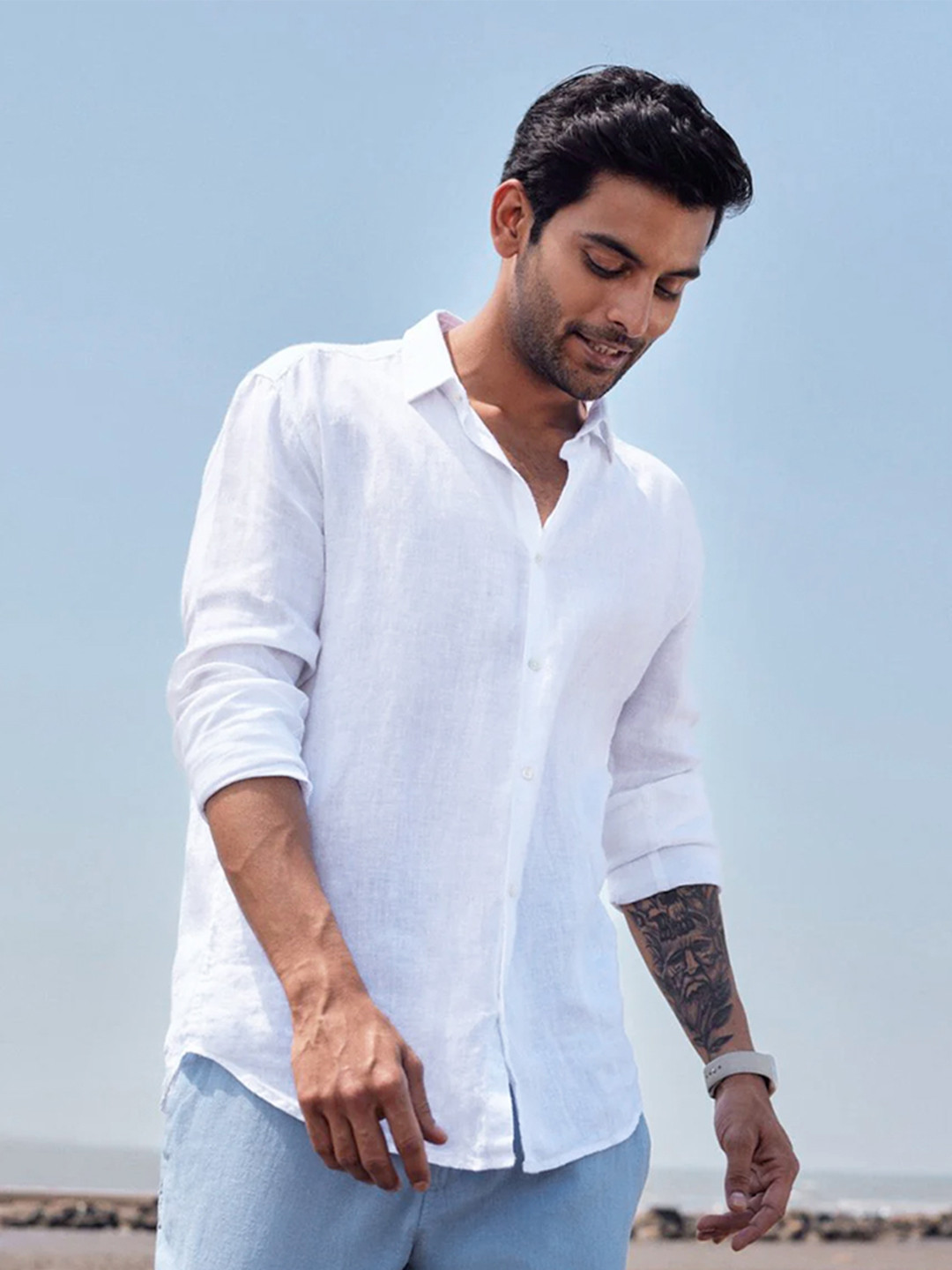 KINGDOM OF WHITE Spread Collar Pure Linen Casual Shirt