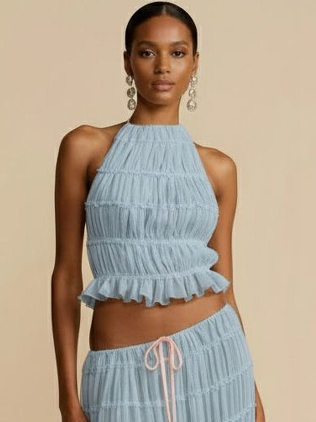 Purple Haze Halter Neck Smocked Georgette Crop Top