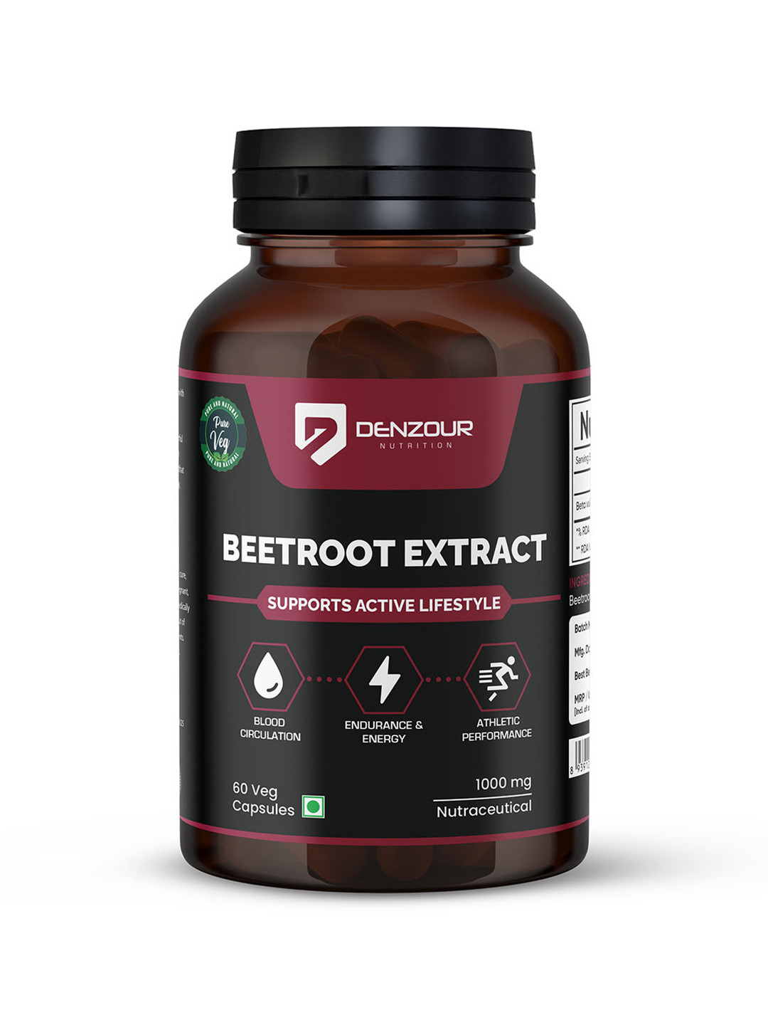 DENZOUR NUTRITION Beetroot Extract For Blood Circulation Stamina & Vitality - 60 Capsules