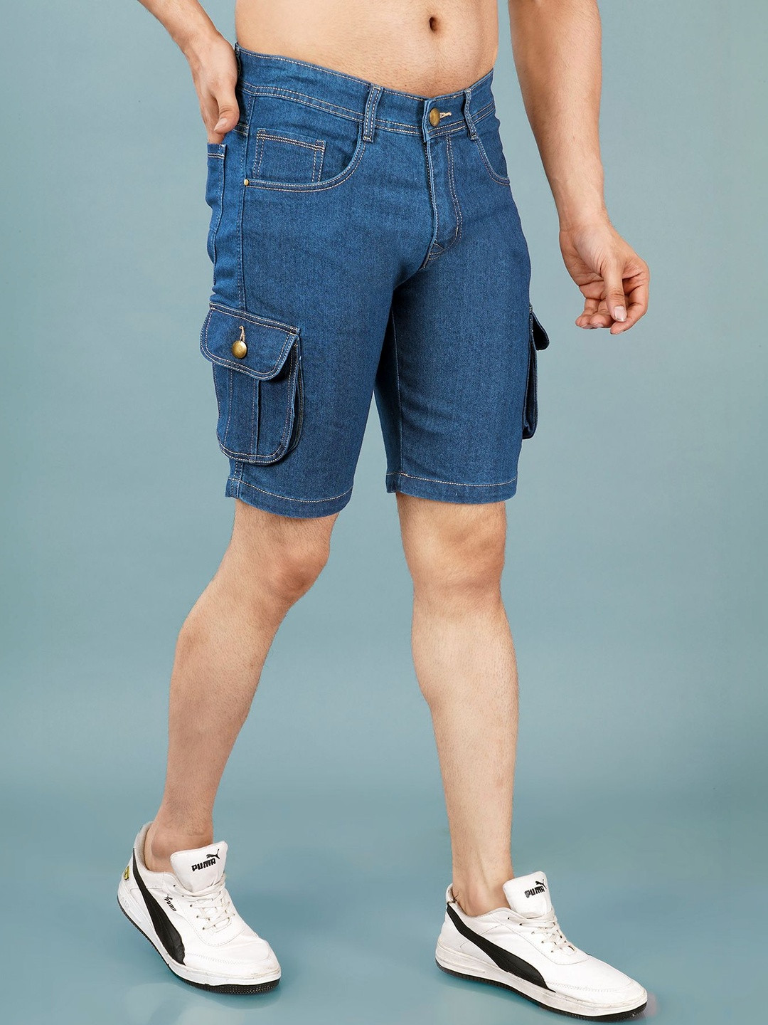 NIVASU Men Solid Washed Mid-Rise Denim Cargo Shorts