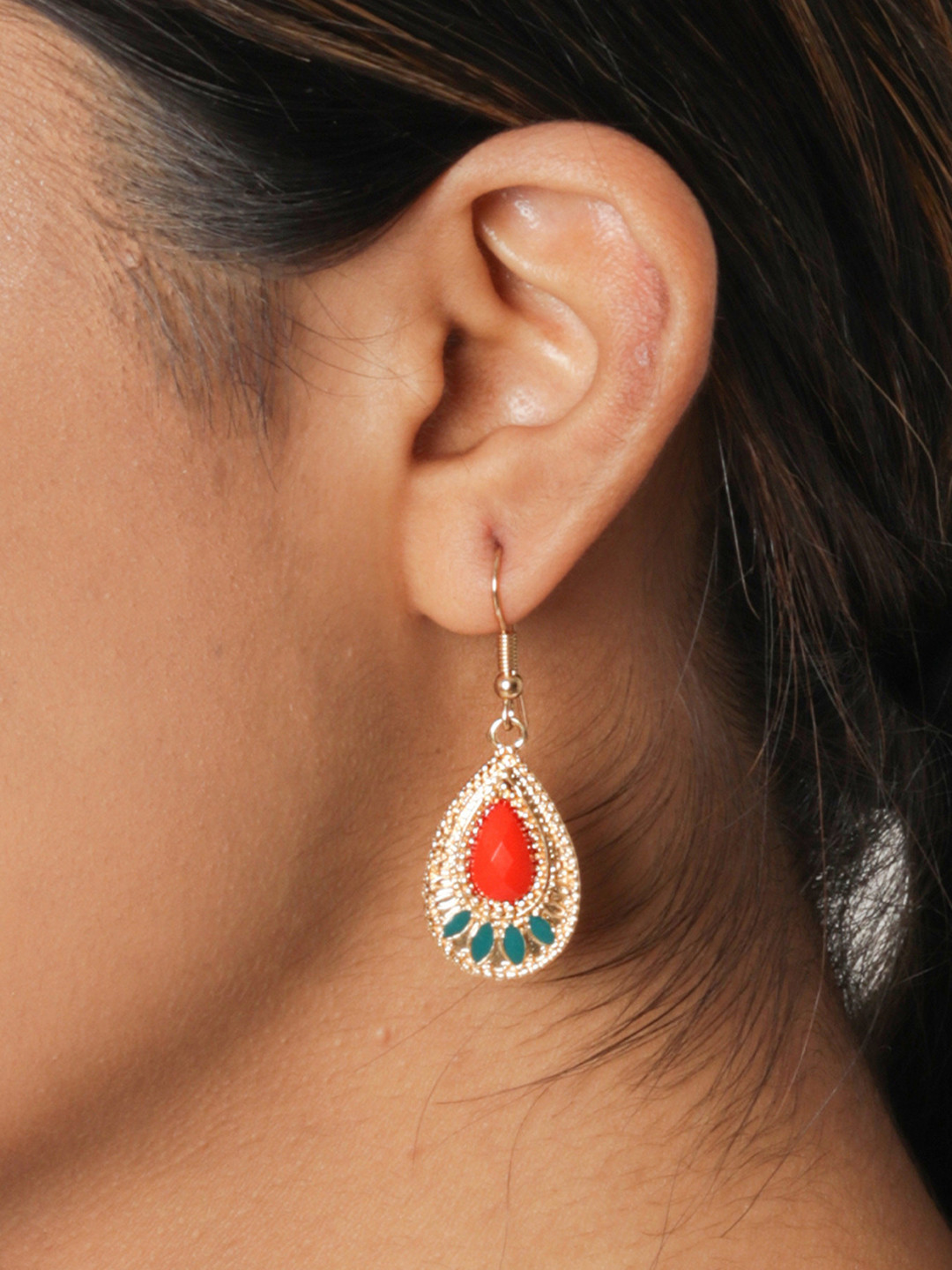 ToniQ Gold-Toned & Red Teardrop Shaped Drop Earrings