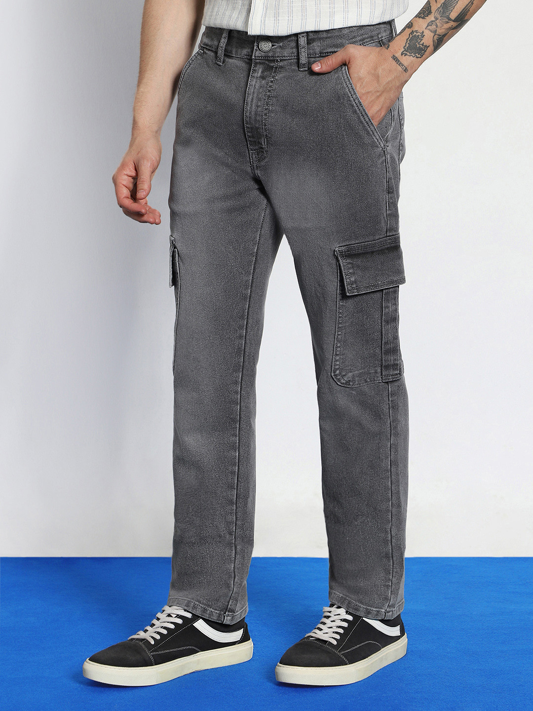 Urbano Fashion Men's Light Grey Regular Fit Washed Cargo Jeans With 6 Pockets Stretchable