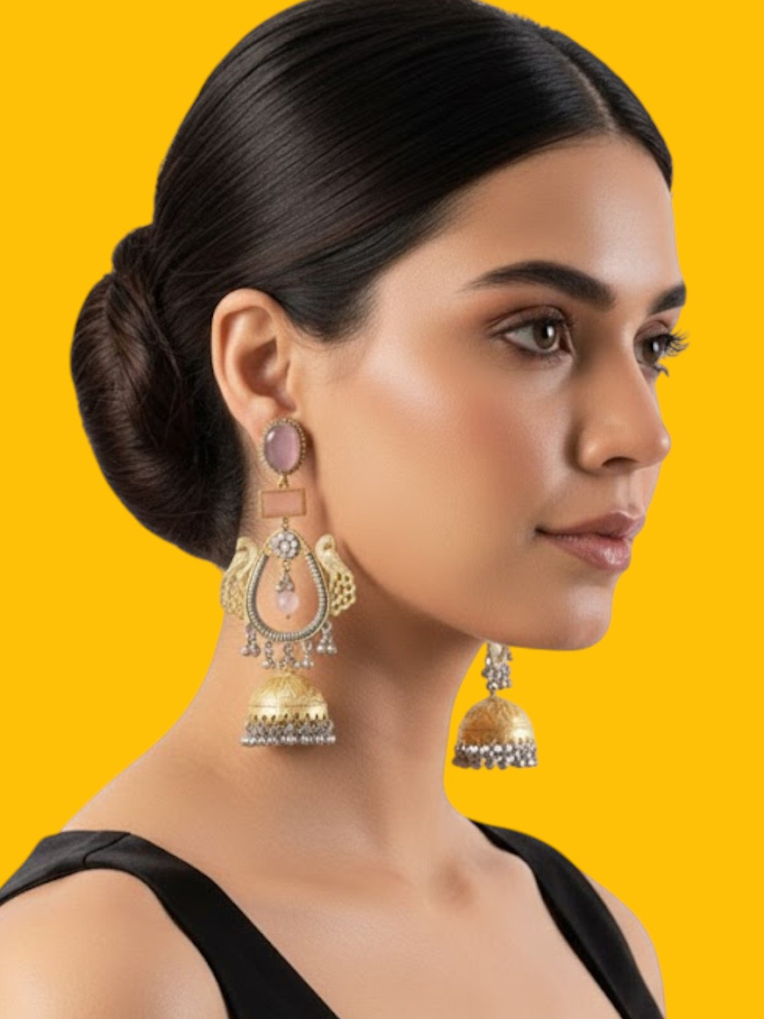 AURAA TRENDS Gold-Plated Stones Studded and Ghungroo Beaded Dome Shaped Jhumkas