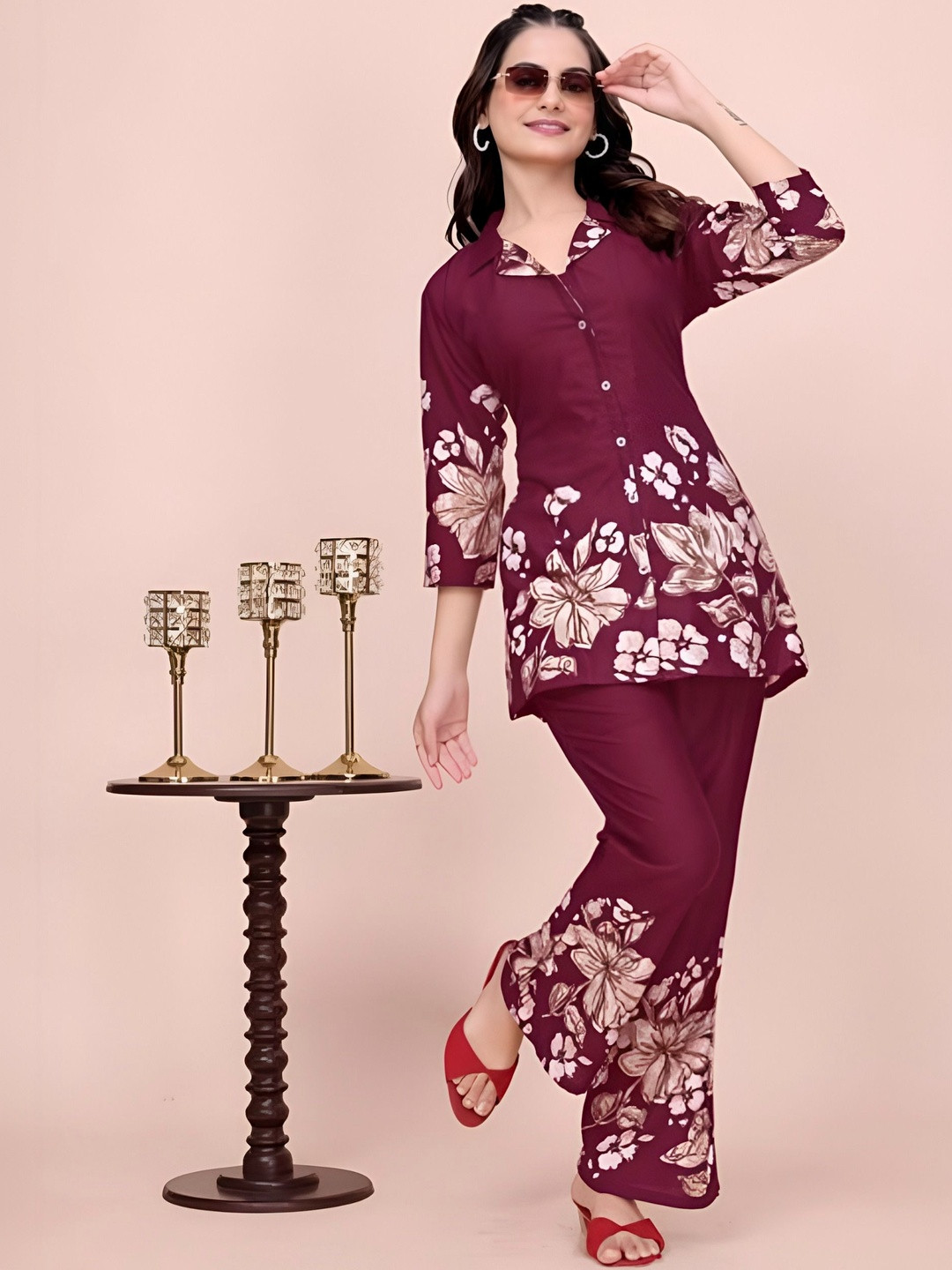 New Gravity Export Women Floral Printed Regular Silk Crepe Kurta with Trousers