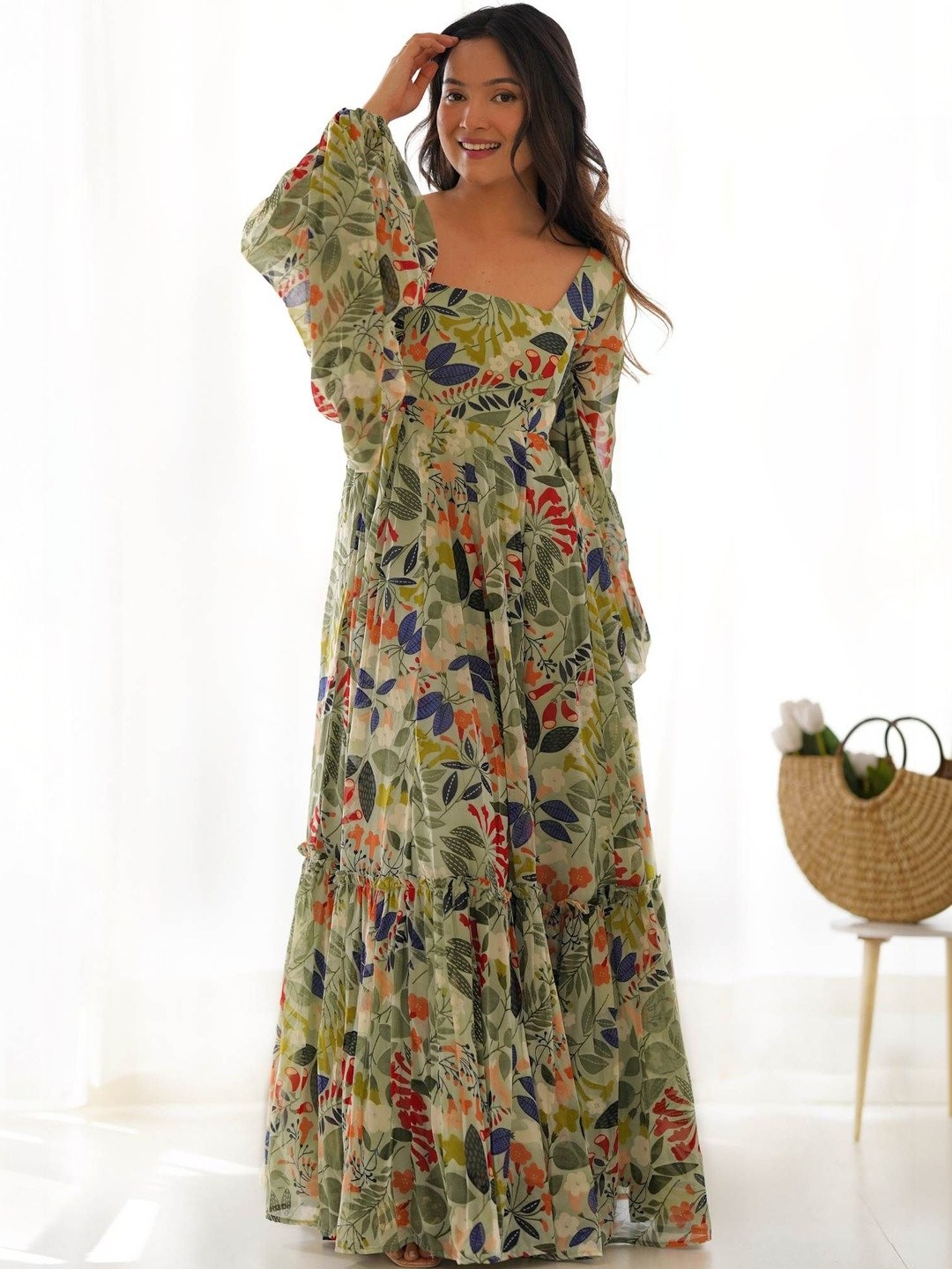 RITIRANG Floral Print Bishop Sleeve Georgette Fit & Flare Maxi Dress