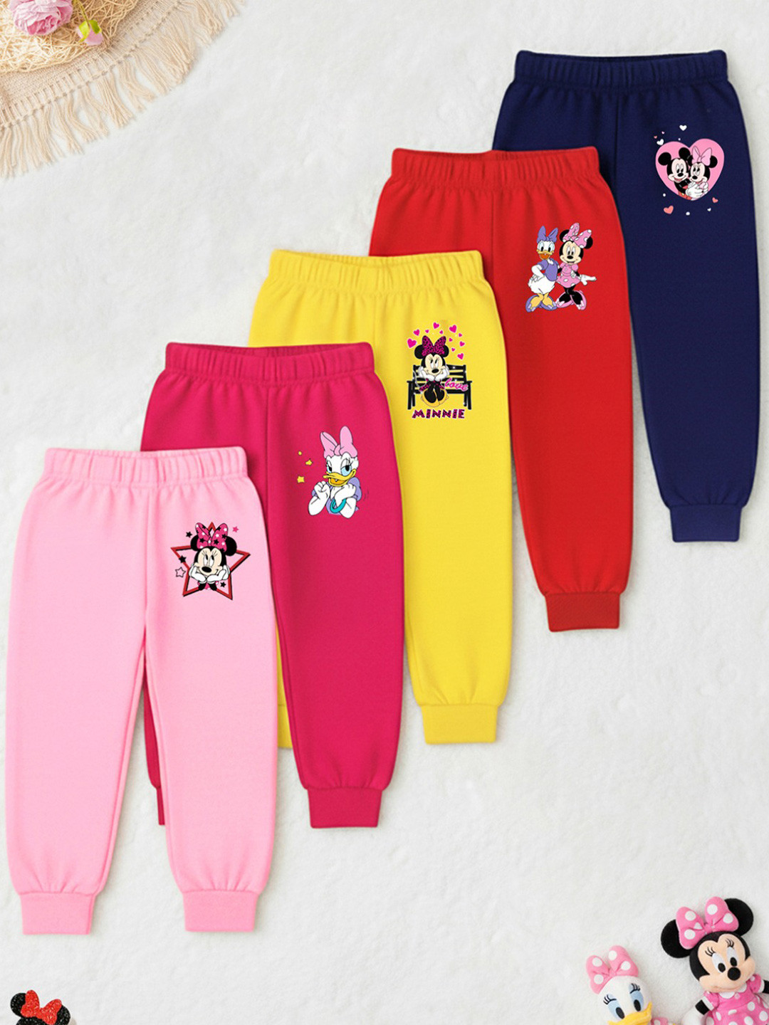 YK Disney Girls Pack Of 5 Mickey Minnie & Daisy Printed Cotton Track Pants Joggers