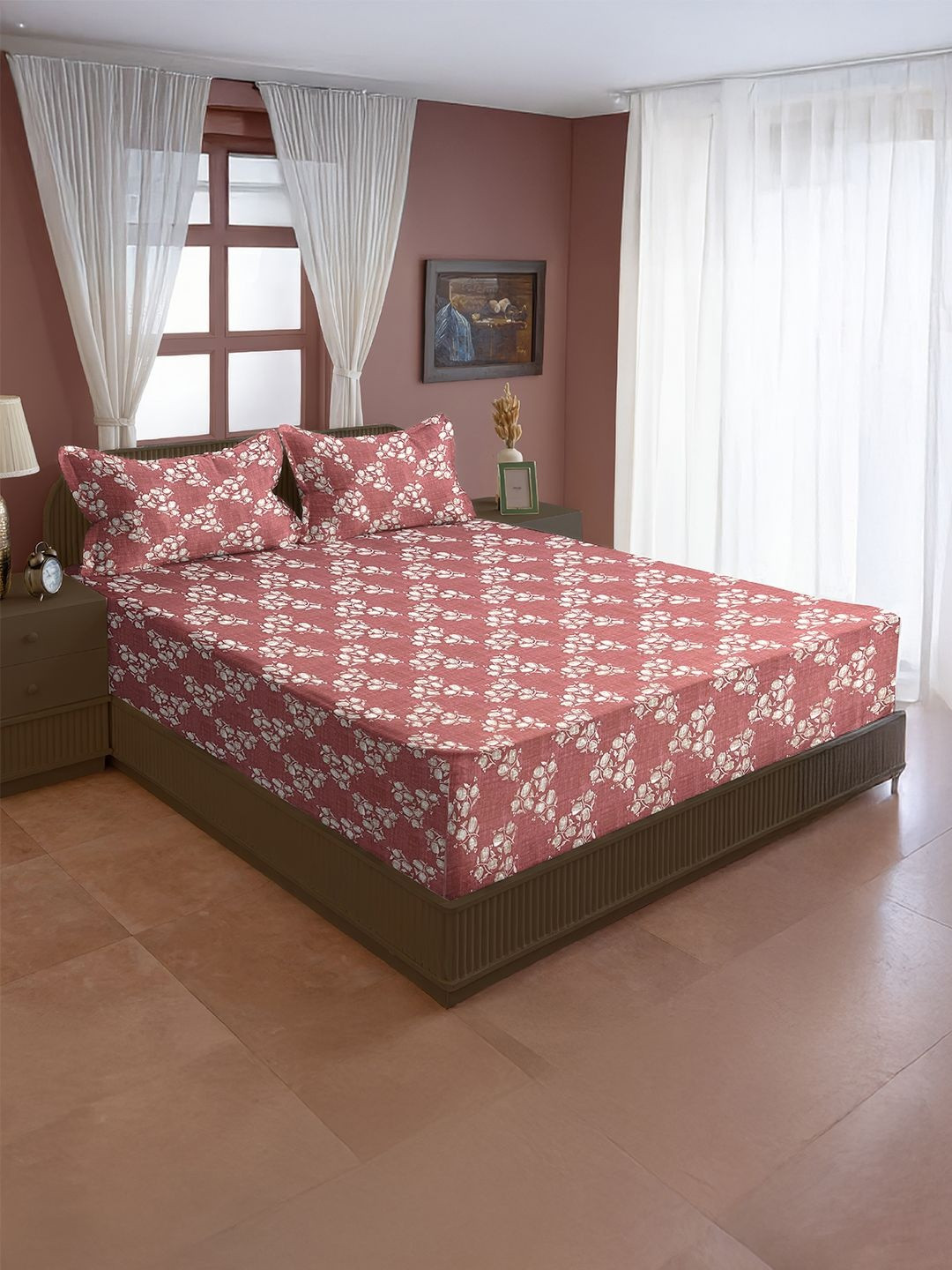 SWAYAM Maroon & Red Floral 210 TC King Bedsheet with 2 Pillow Covers
