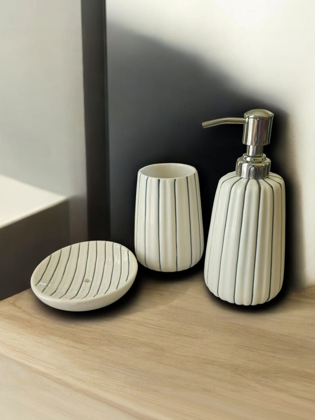Artisans Bazar White & Off White 3 piece Striped Ceramic Soap Dispenser Set